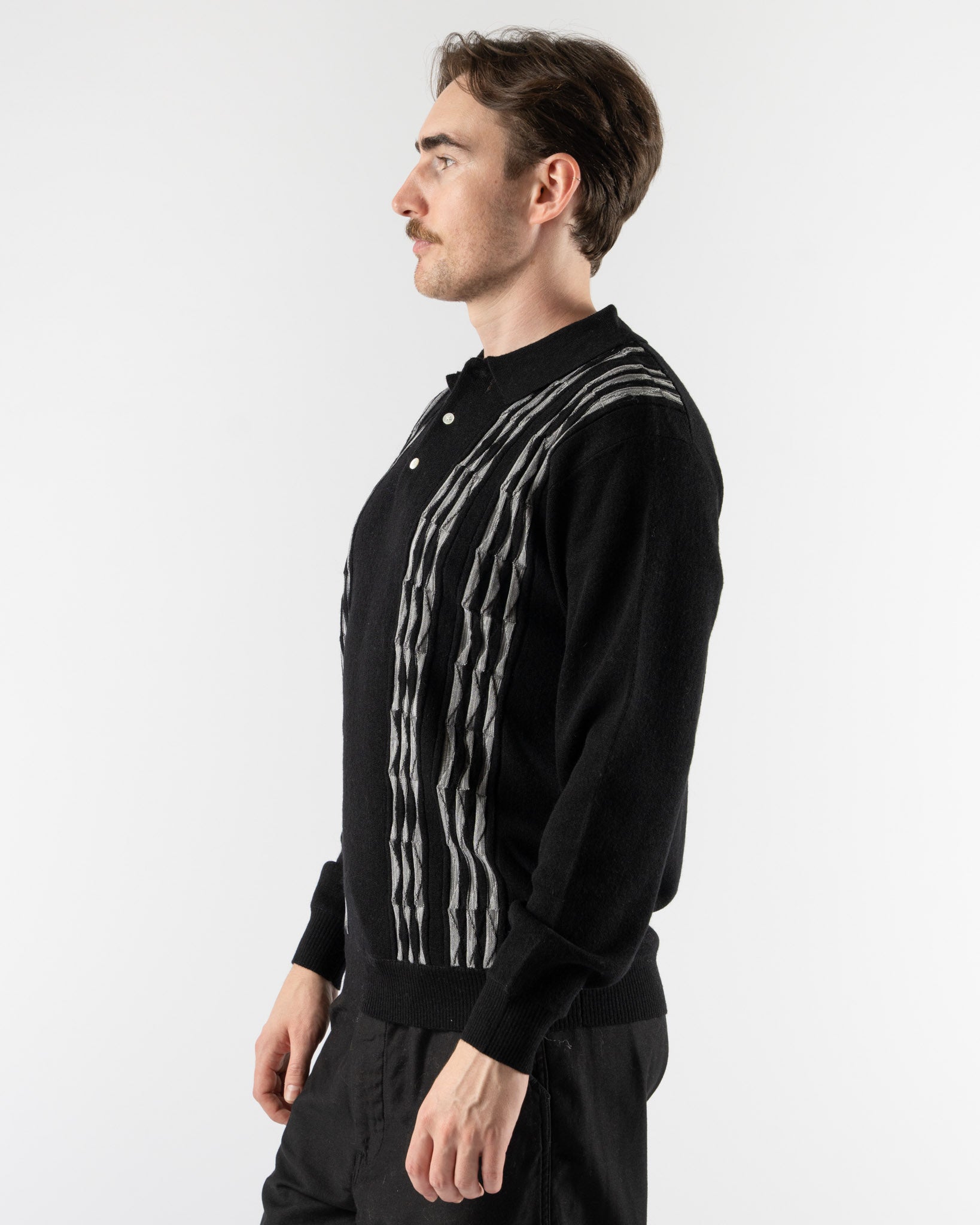 Beams Plus Knit Polo in Born Stripe 14G Black
