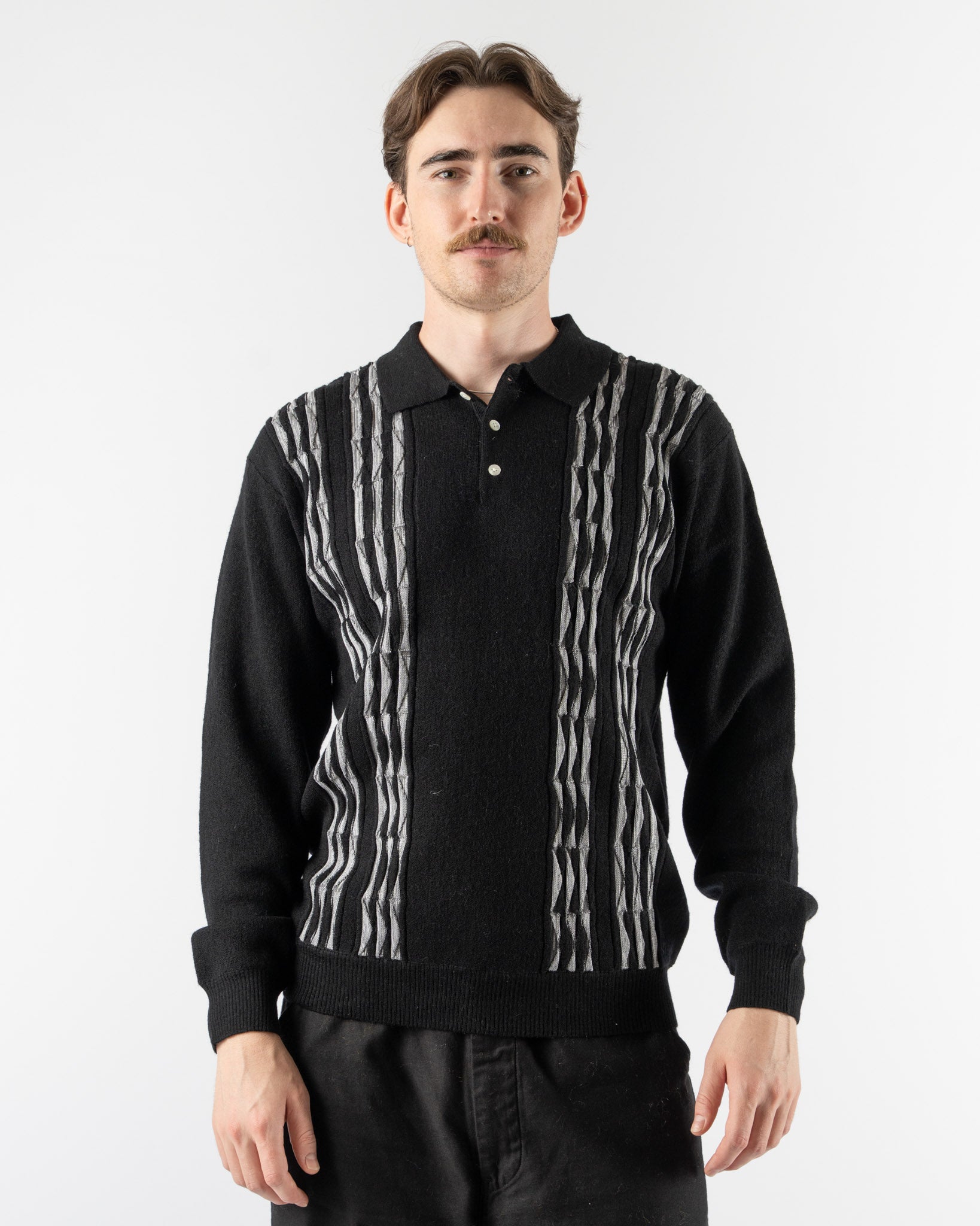Beams Plus Knit Polo in Born Stripe 14G Black Curated at Jake and