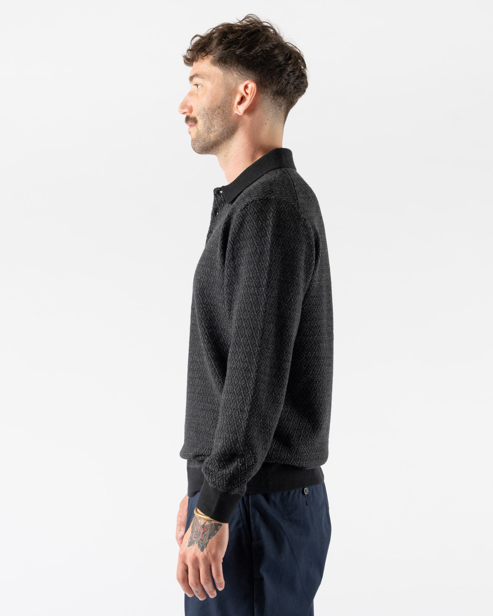 Beams Plus Knit Polo in Diamond Pattern Black
