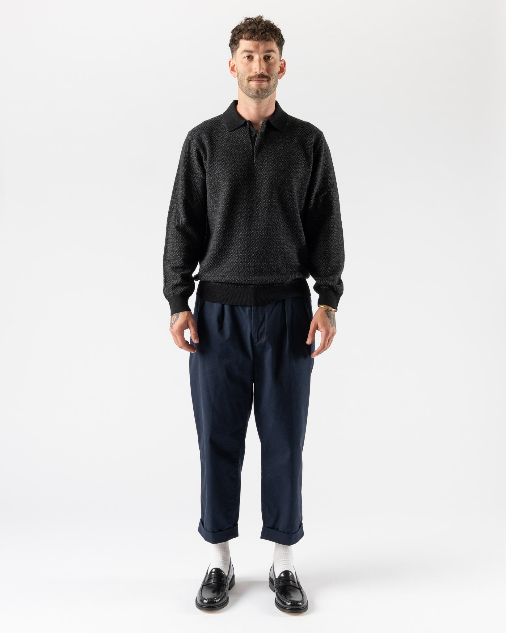 Beams Plus Knit Polo in Diamond Pattern Black
