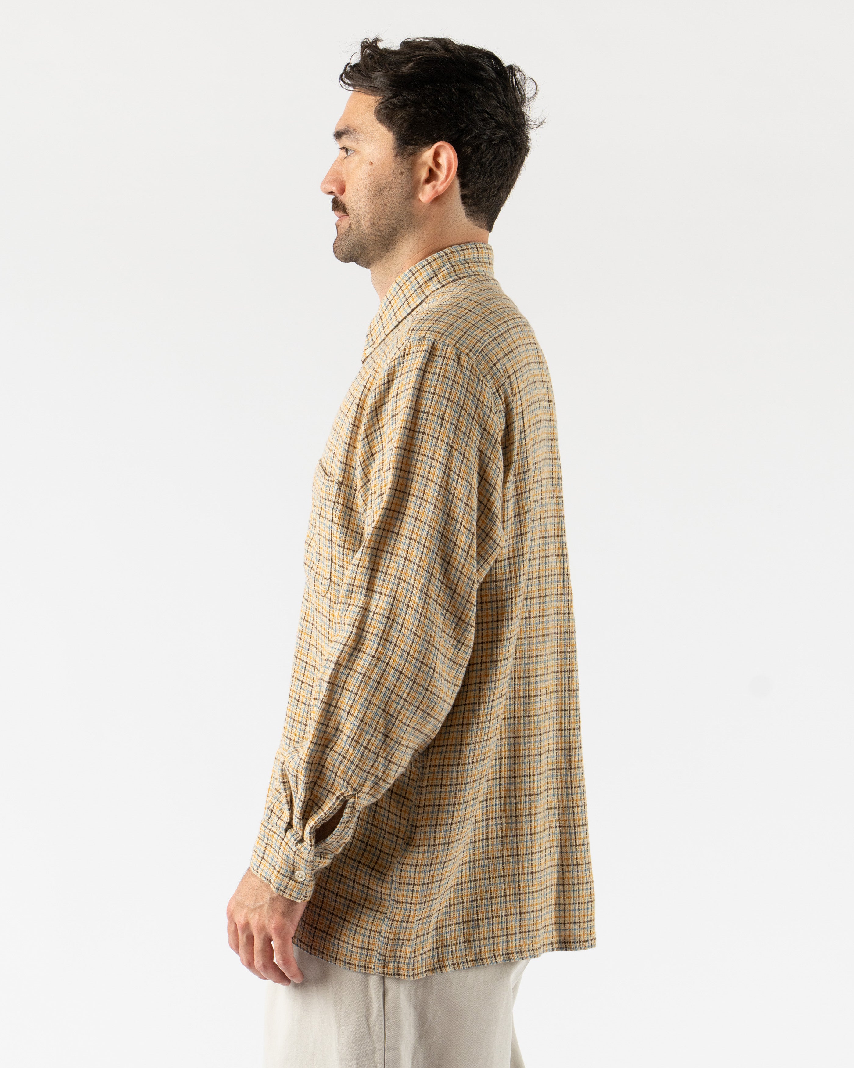 Beams Plus Open B.D. Gunclub Mesh Shirt in Beige – lightweight, breathable button-down shirt featuring a classic gunclub check pattern, open collar design, and mesh-like texture for a vintage-meets-sporty summer style.