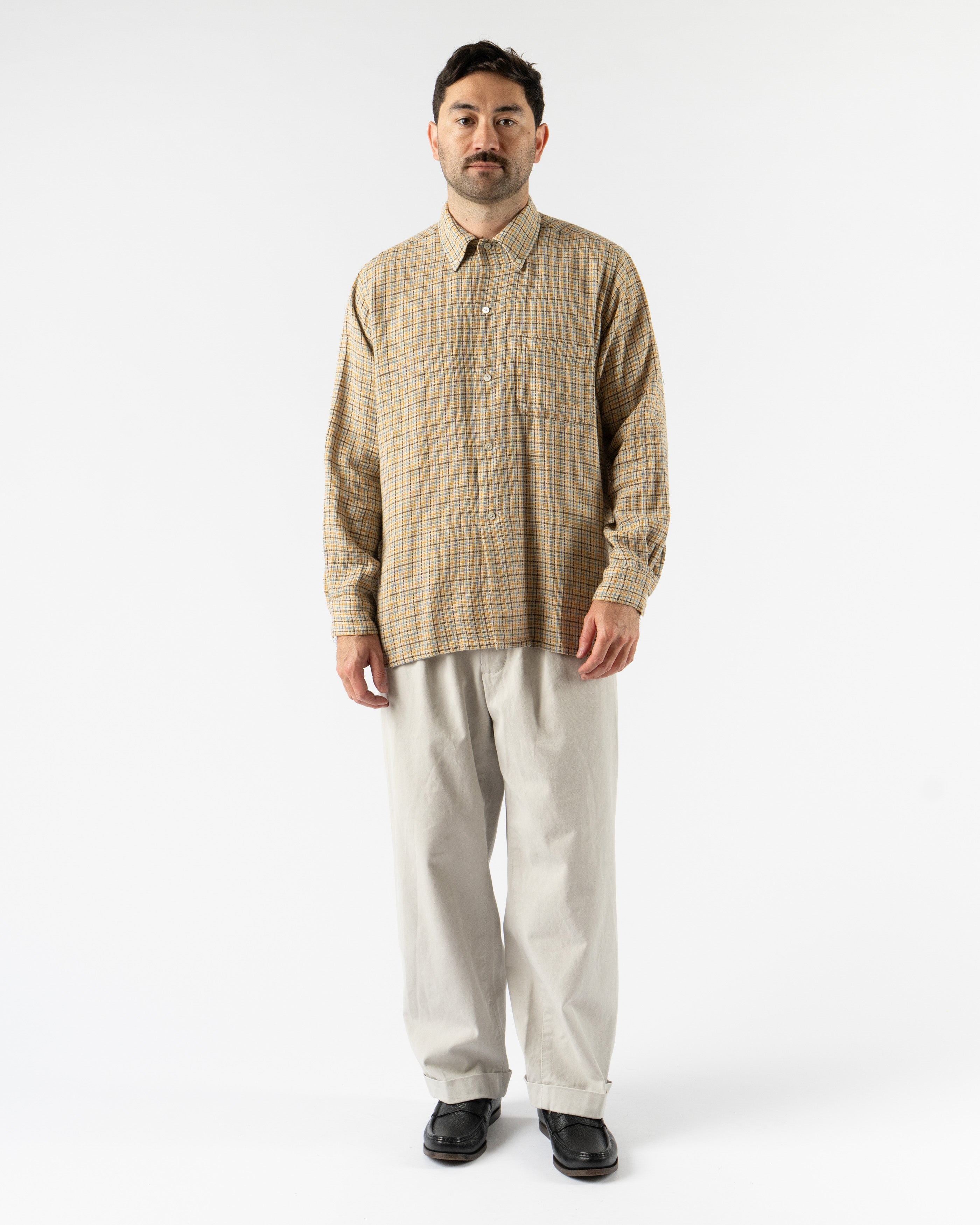 Beams Plus Open B.D. Gunclub Mesh Shirt in Beige – lightweight, breathable button-down shirt featuring a classic gunclub check pattern, open collar design, and mesh-like texture for a vintage-meets-sporty summer style.