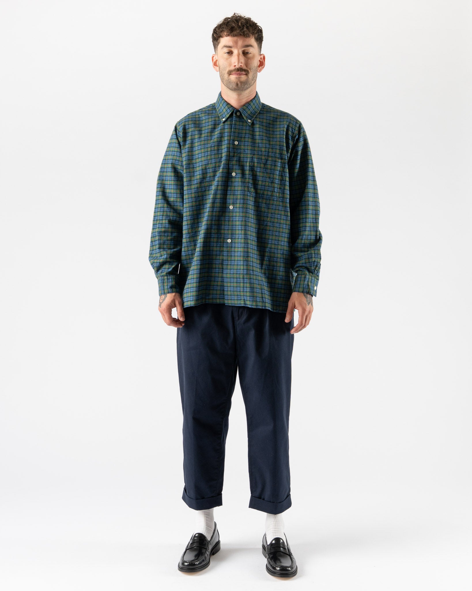Beams Plus Open B.D. in Blue Dobby Plaid
