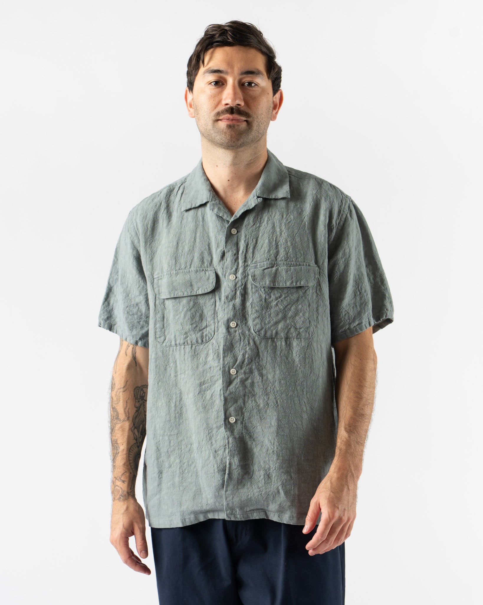 Beams Plus Open Collar 1/40 Linen Shirt in Sax