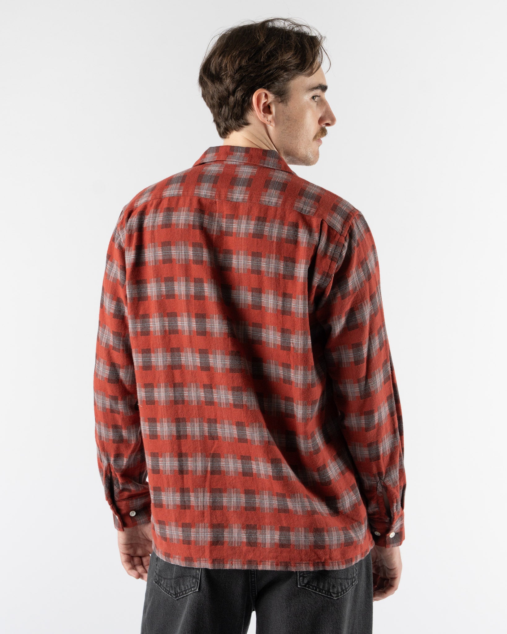 Beams Plus Open Collar Brushed Satin Plaid Shirt in Red