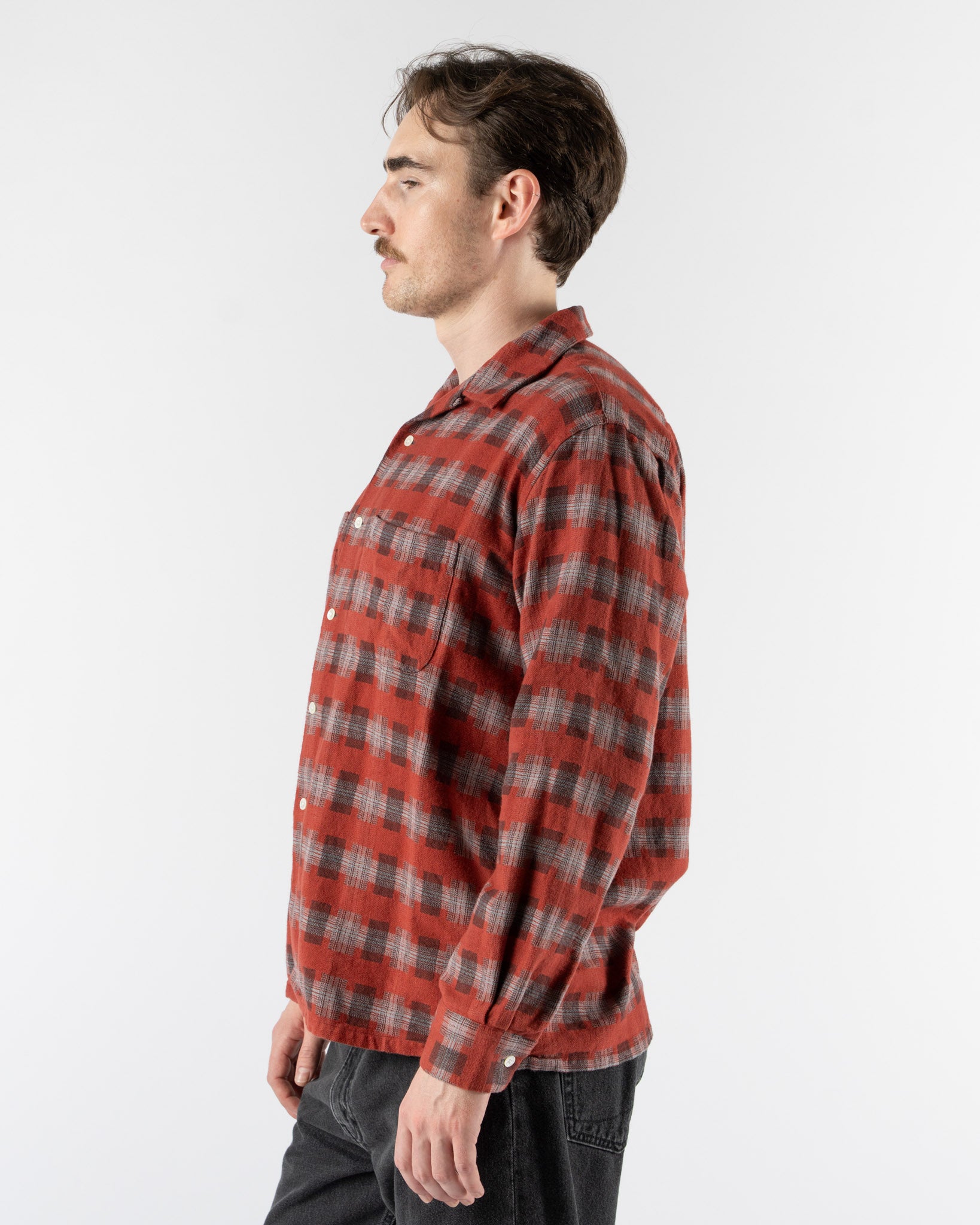 Beams Plus Open Collar Brushed Satin Plaid Shirt in Red