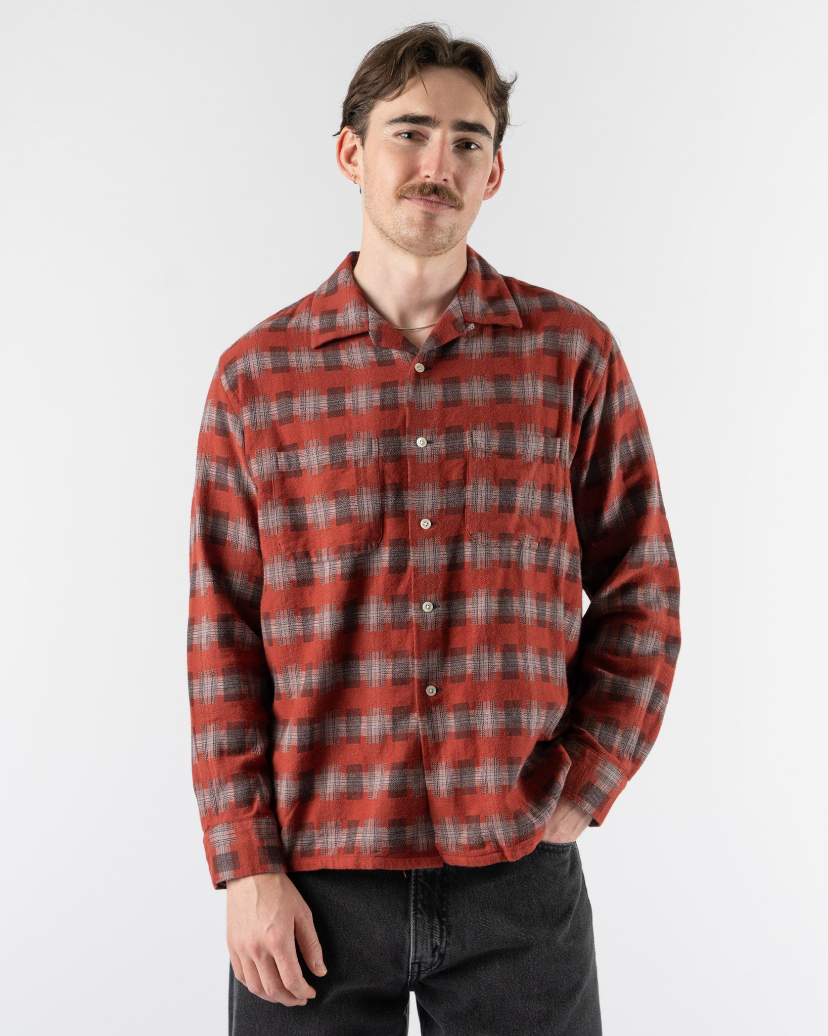 Beams Plus Open Collar Brushed Satin Plaid Shirt in Red