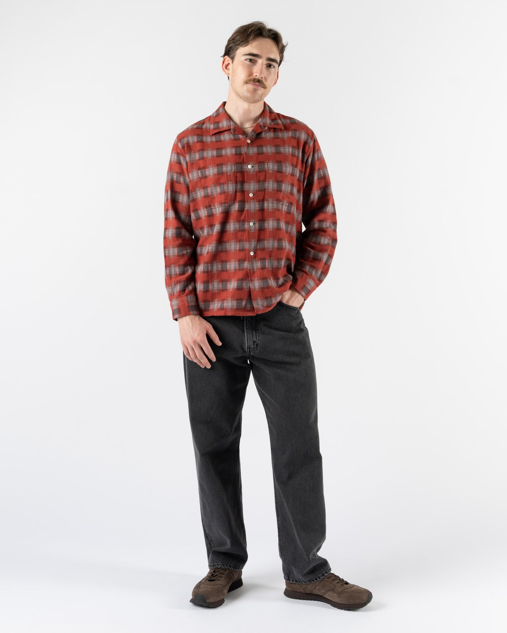 Beams Plus Open Collar Brushed Satin Plaid Shirt in Red