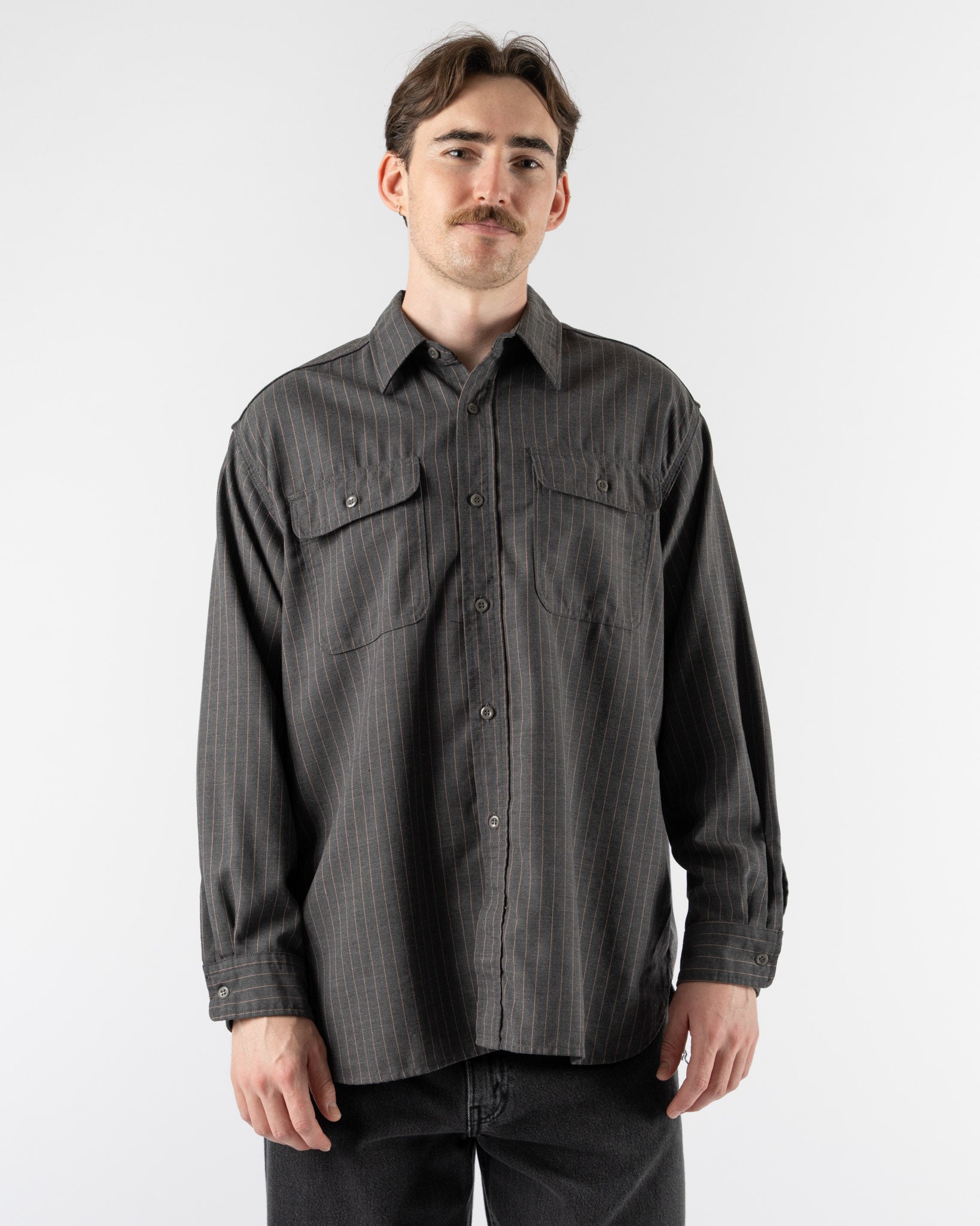 Beams Plus Work Uniform Serge Shirt in Grey/Pink Line