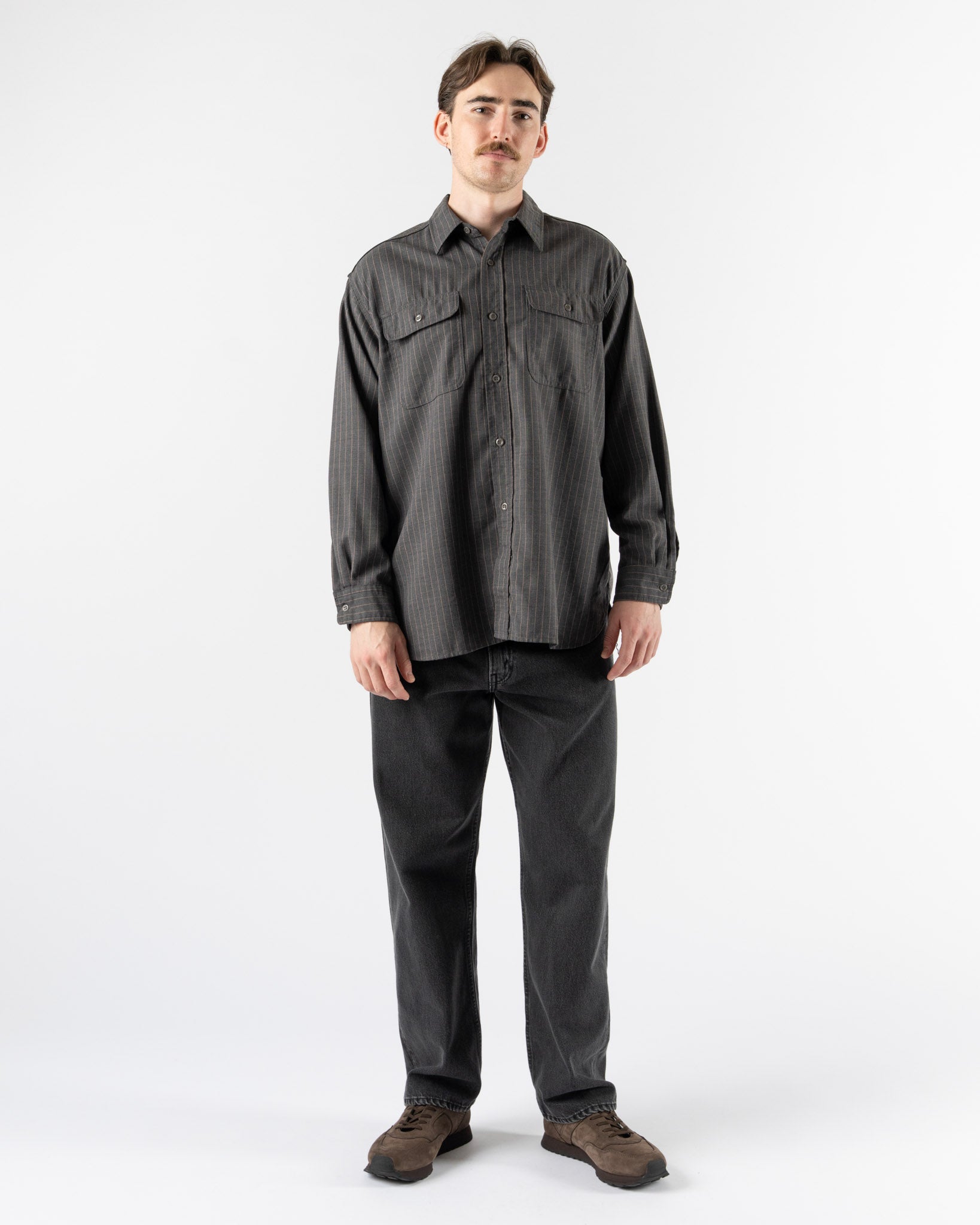 Beams Plus Work Uniform Serge Shirt in Grey/Pink Line