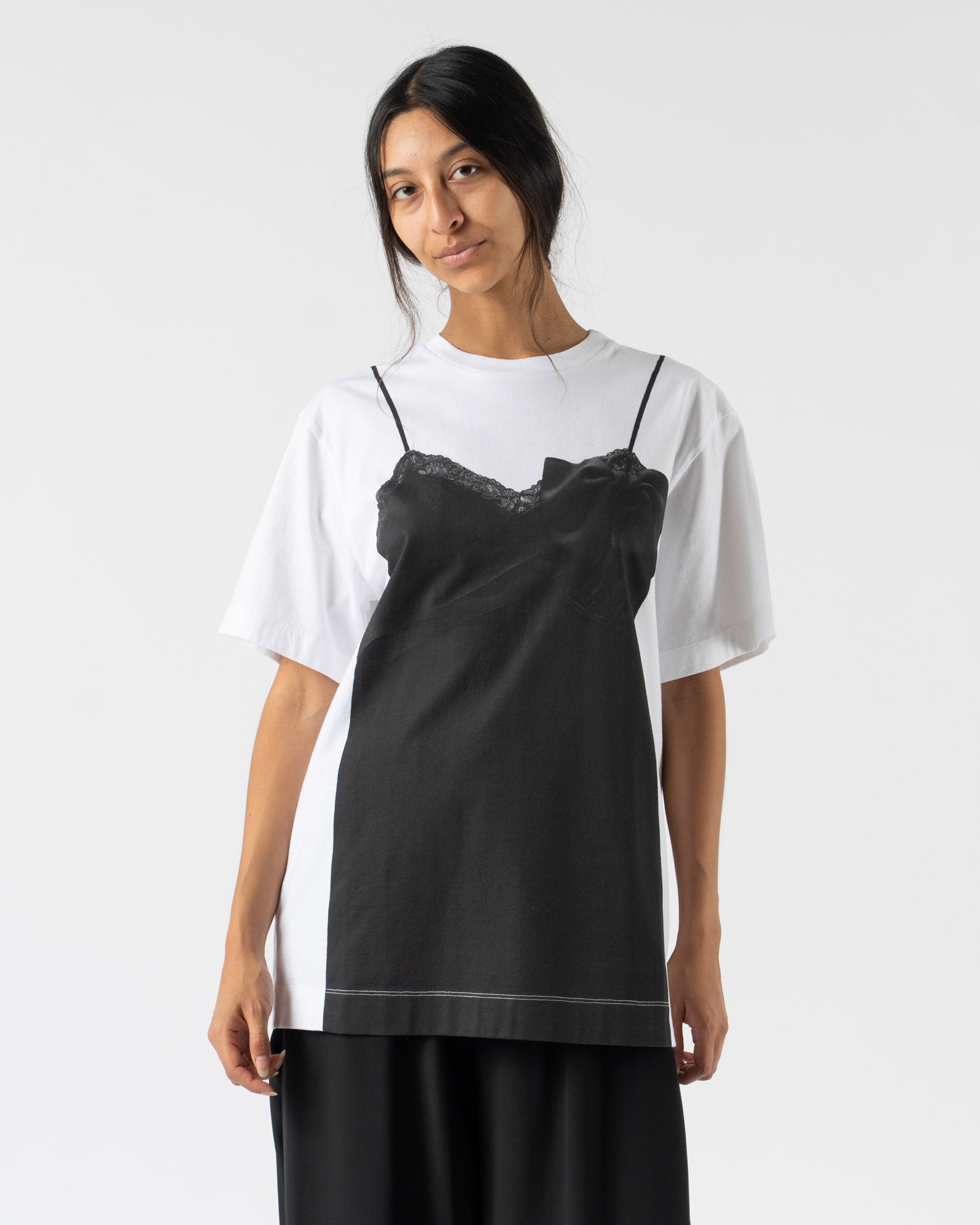 Simone Rocha Bow Sash Slip Dress Trompe L'Oeil Print T-Shirt in White/Black