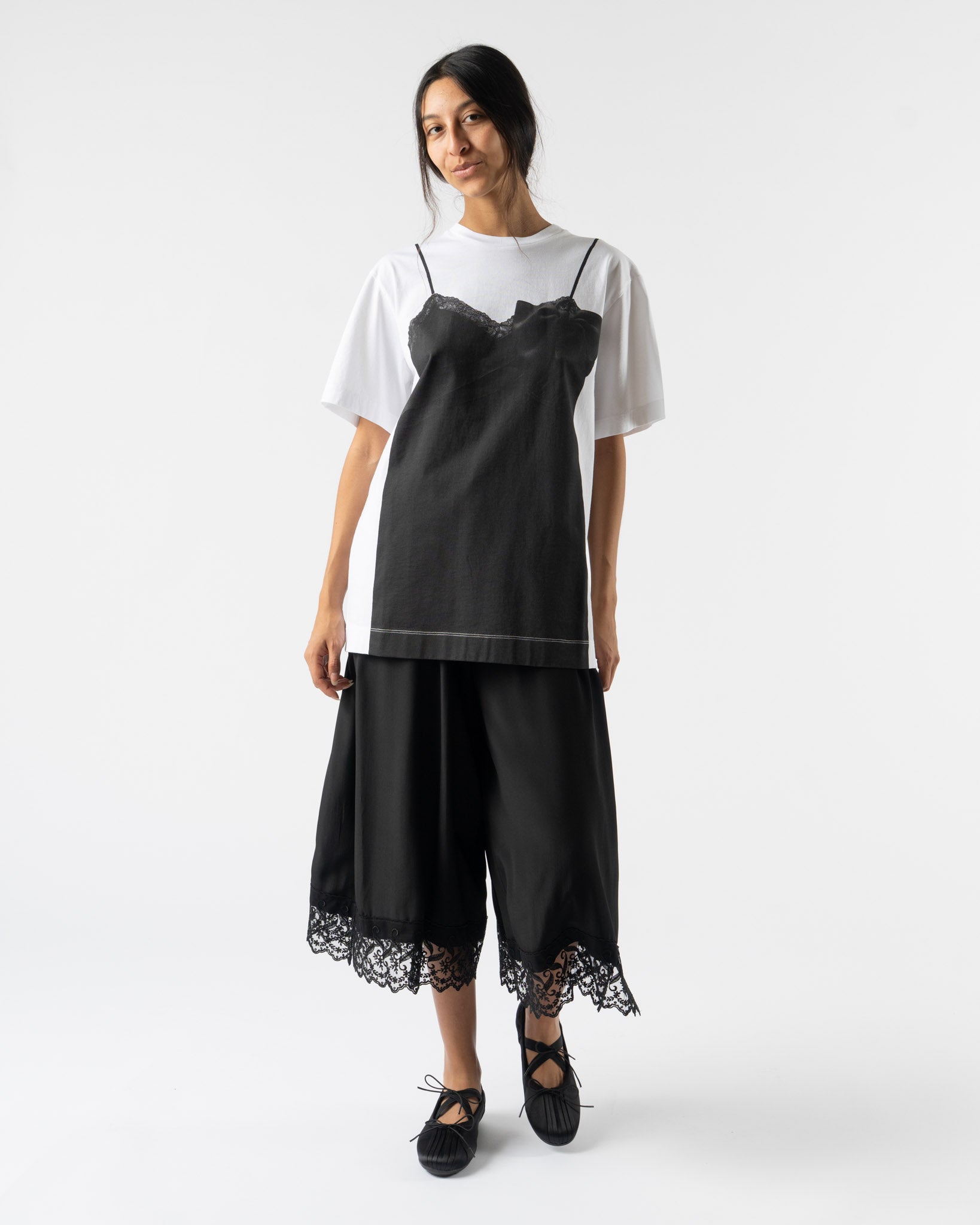 Simone Rocha Bow Sash Slip Dress Trompe L'Oeil Print T-Shirt in White/Black