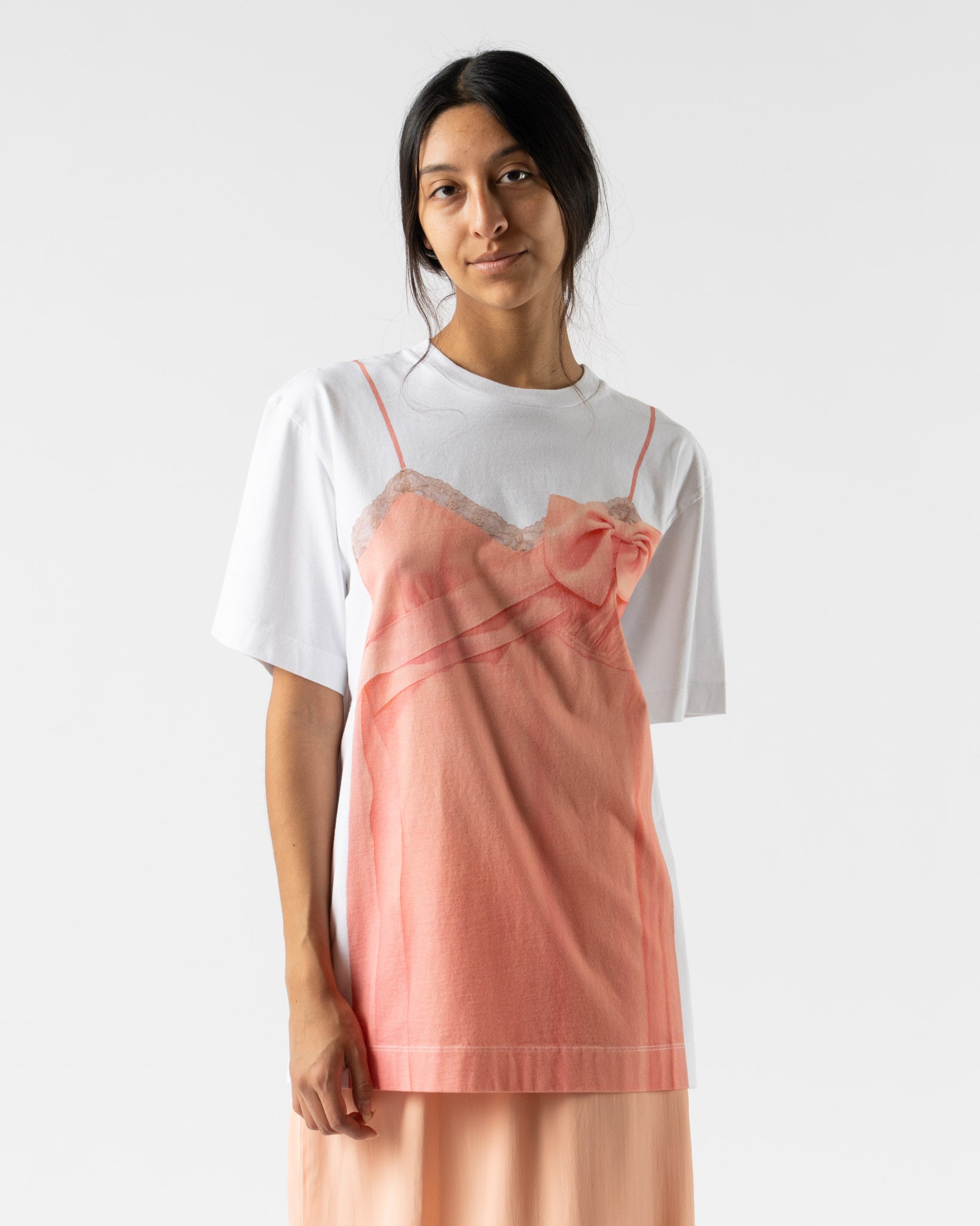 Simone Rocha Bow Sash Slip Dress Trompe L'Oeil Print T-Shirt in White/Clementine