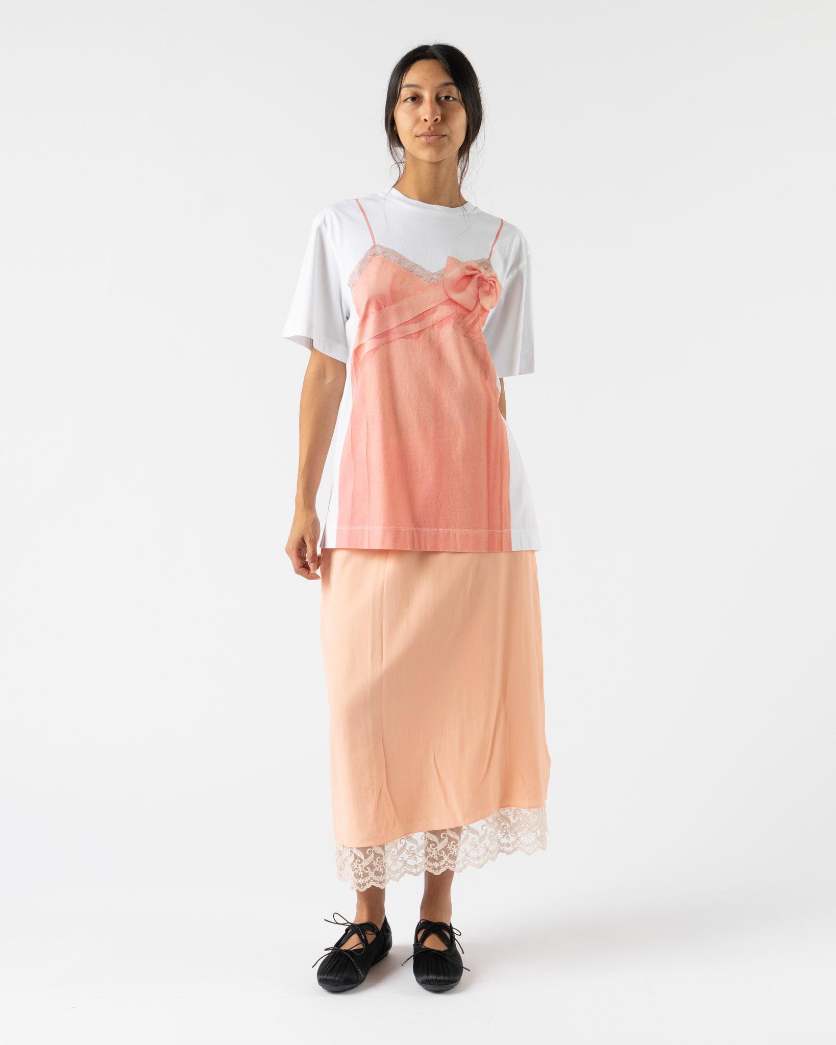 Simone Rocha Bow Sash Slip Dress Trompe L'Oeil Print T-Shirt in White/Clementine