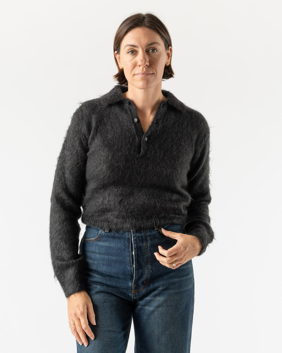 Auralee Brushed Super Kid Mohair Knit Polo in Ink Black Curated at 