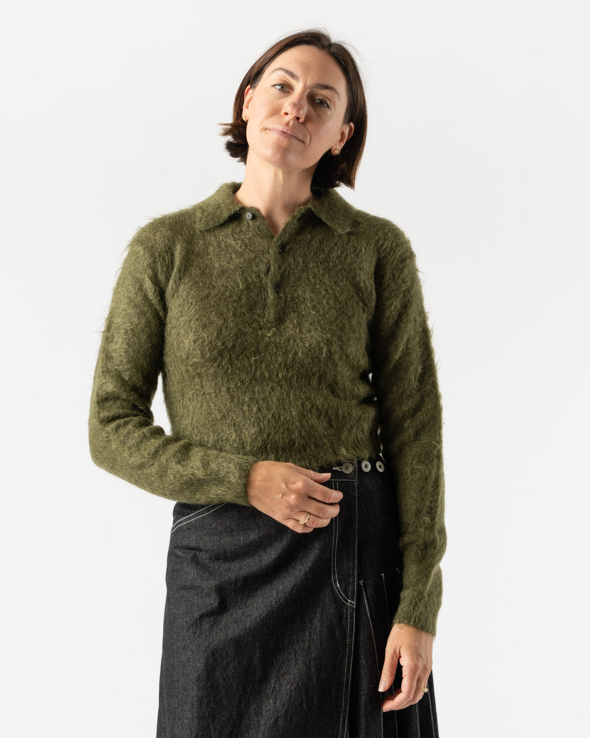 Auralee Brushed Super Kid Mohair Knit Polo in Olive Curated at 