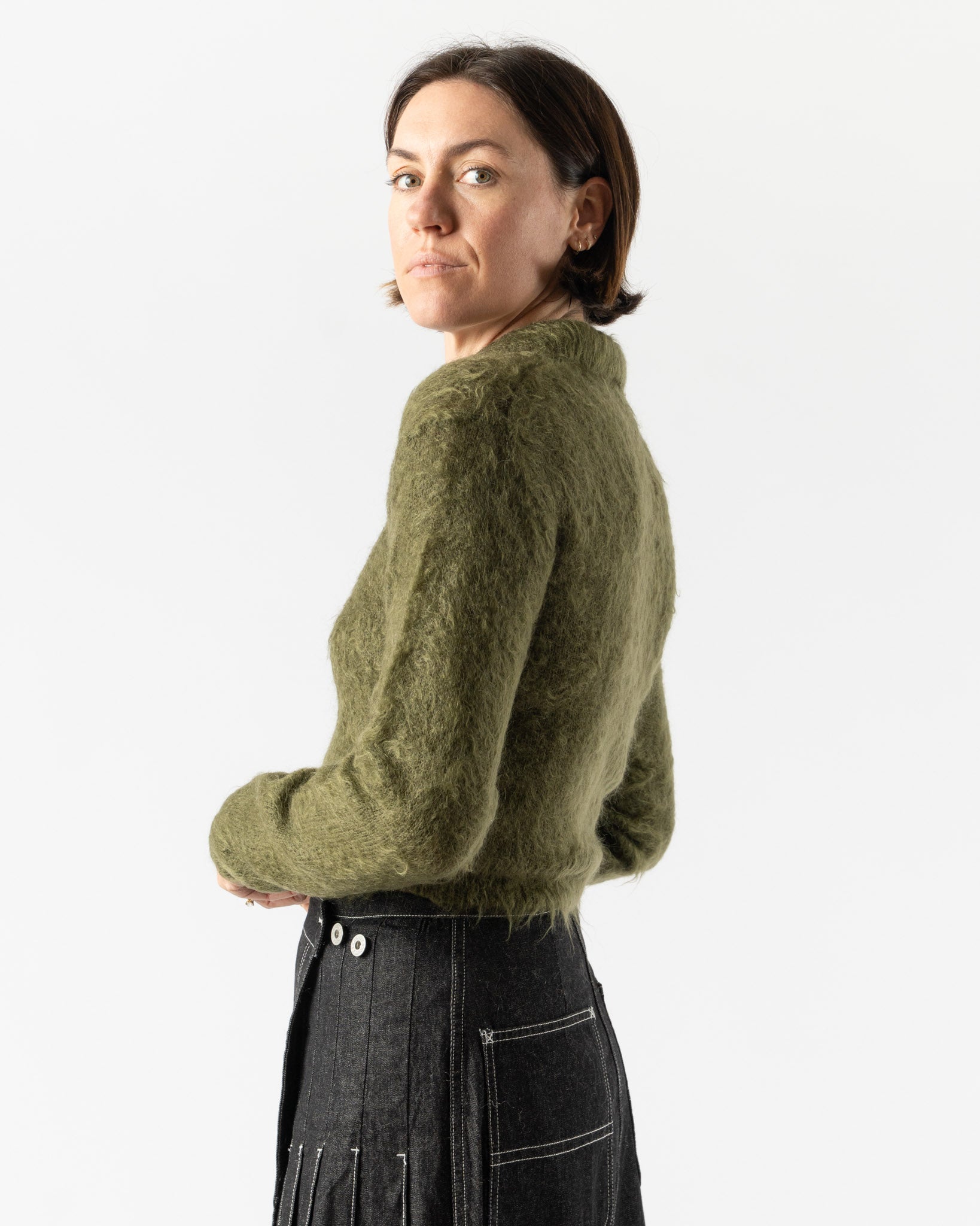 Auralee Brushed Super Kid Mohair Knit Polo in Olive