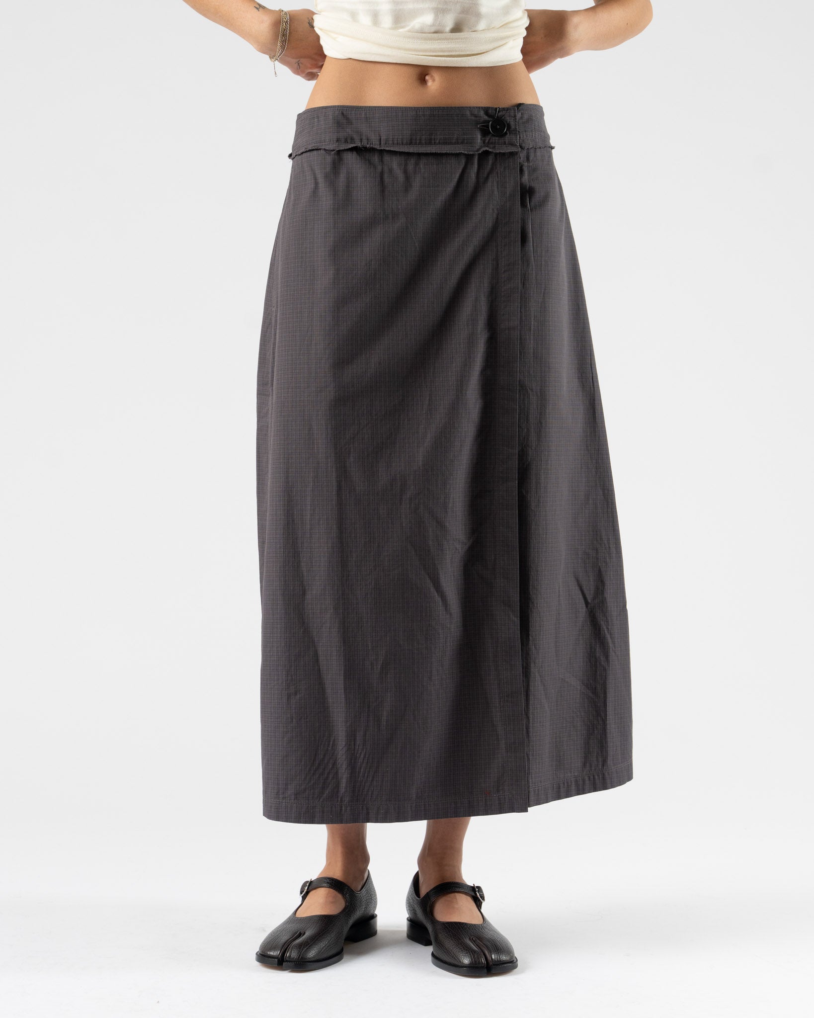 mfpen Classic Wrap Skirt in Mushroom Micro Check Poplin