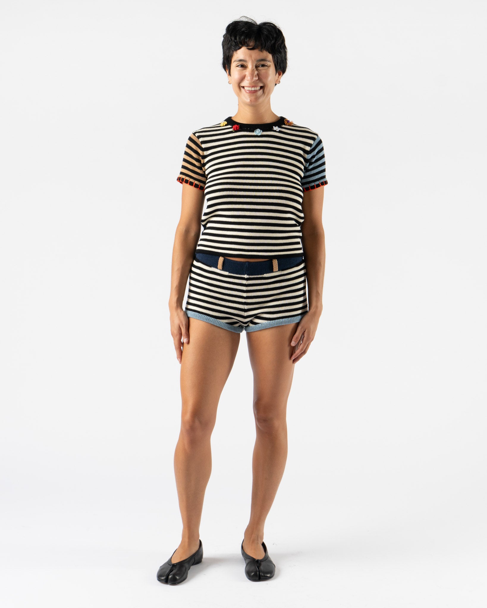 YanYan Cotton Bao Stripe Booty Short in Black/White