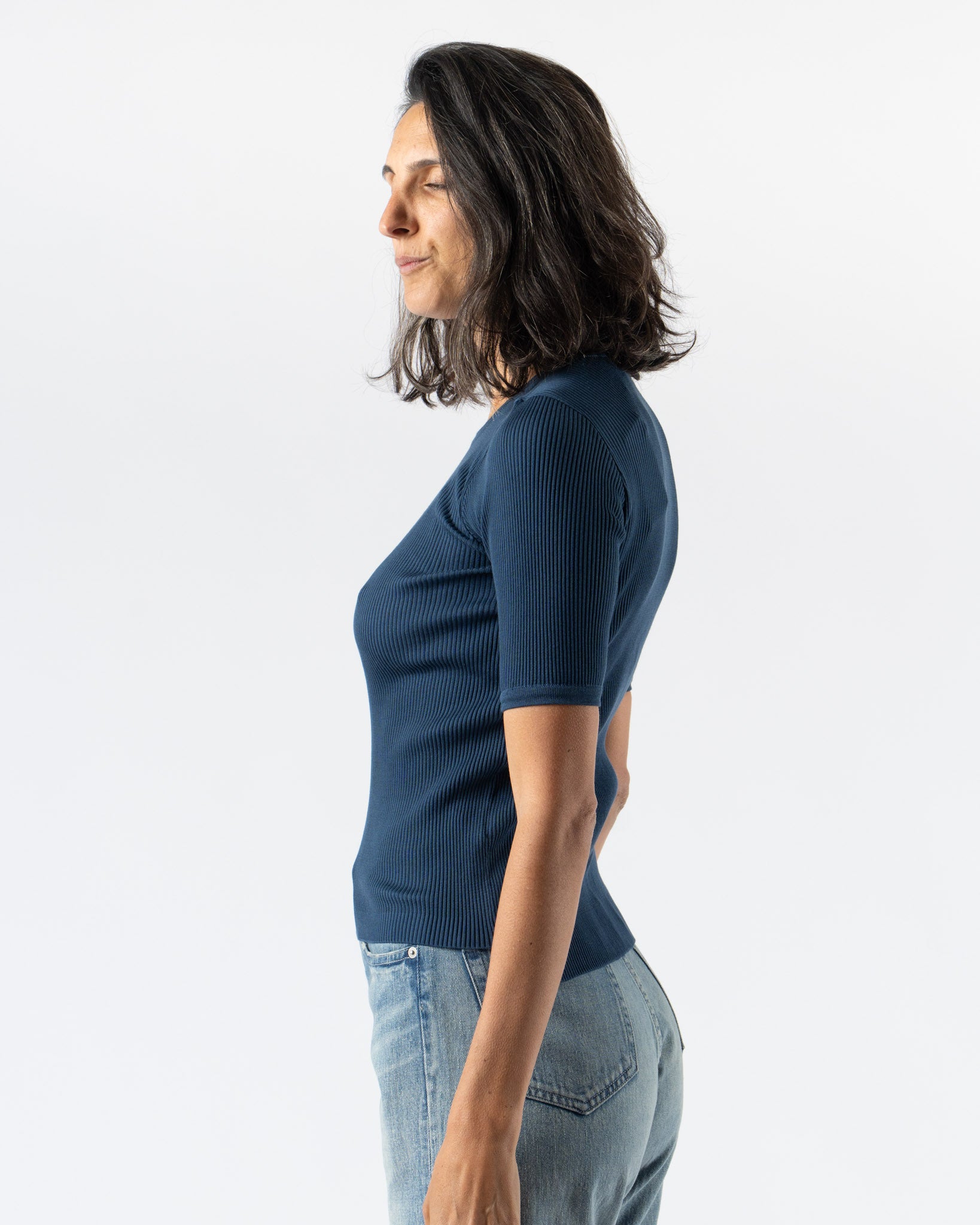 Auralee Cotton High Gauge Rib Knit Tee in Navy