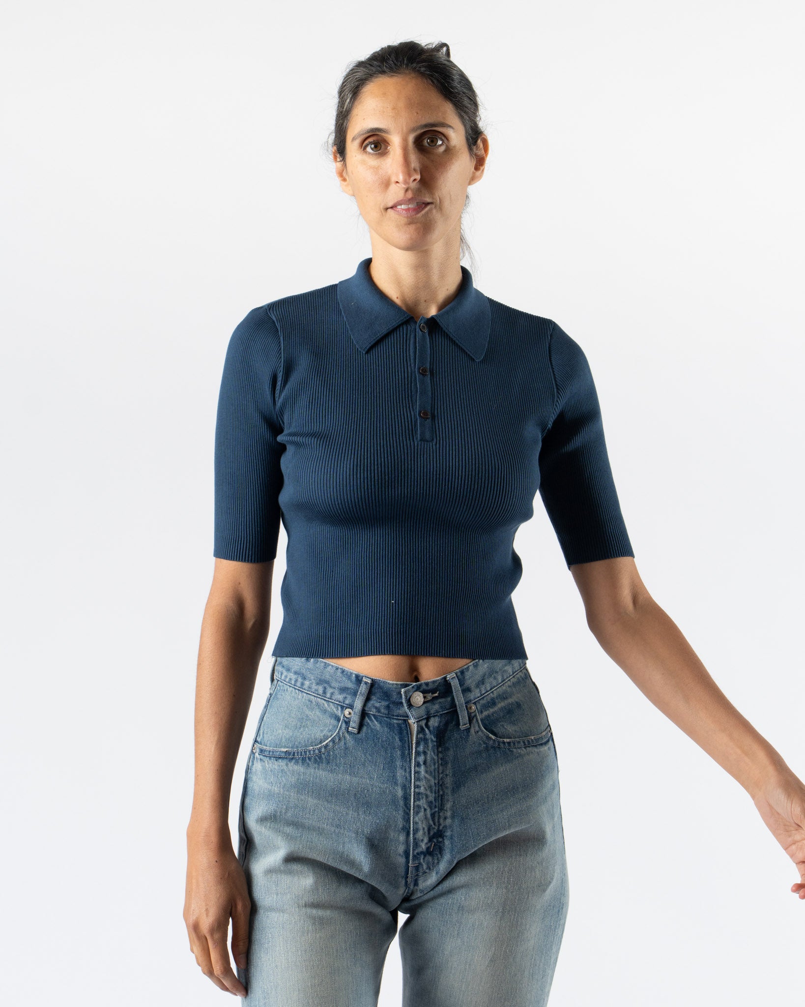 Auralee Cotton High Gauge Rib Knit Polo in Navy Curated at Jake  