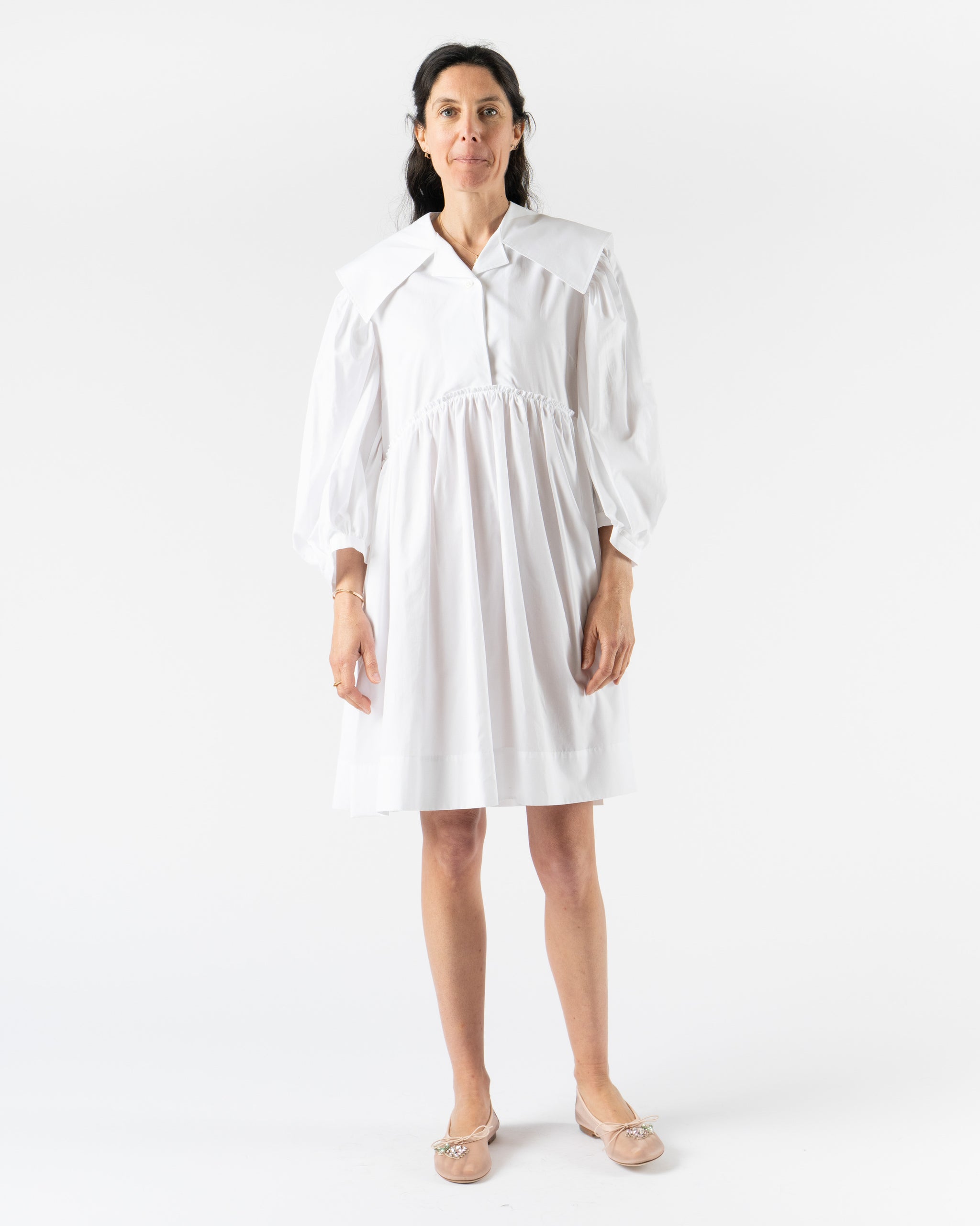 poplin puff sleeve shirt dress Navy Poplin Button Up Ruffle Puff Sleeve Dress