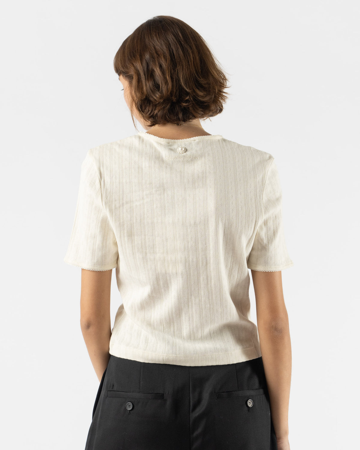 Simone Rocha Cropped Pointelle T-Shirt with Daisy in Ecru