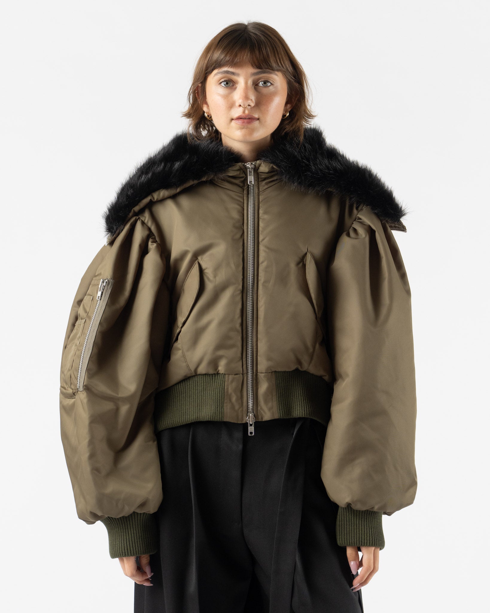 Simone Rocha Cropped Split Faux Fur Hood Bomber Jacket Khaki/Black