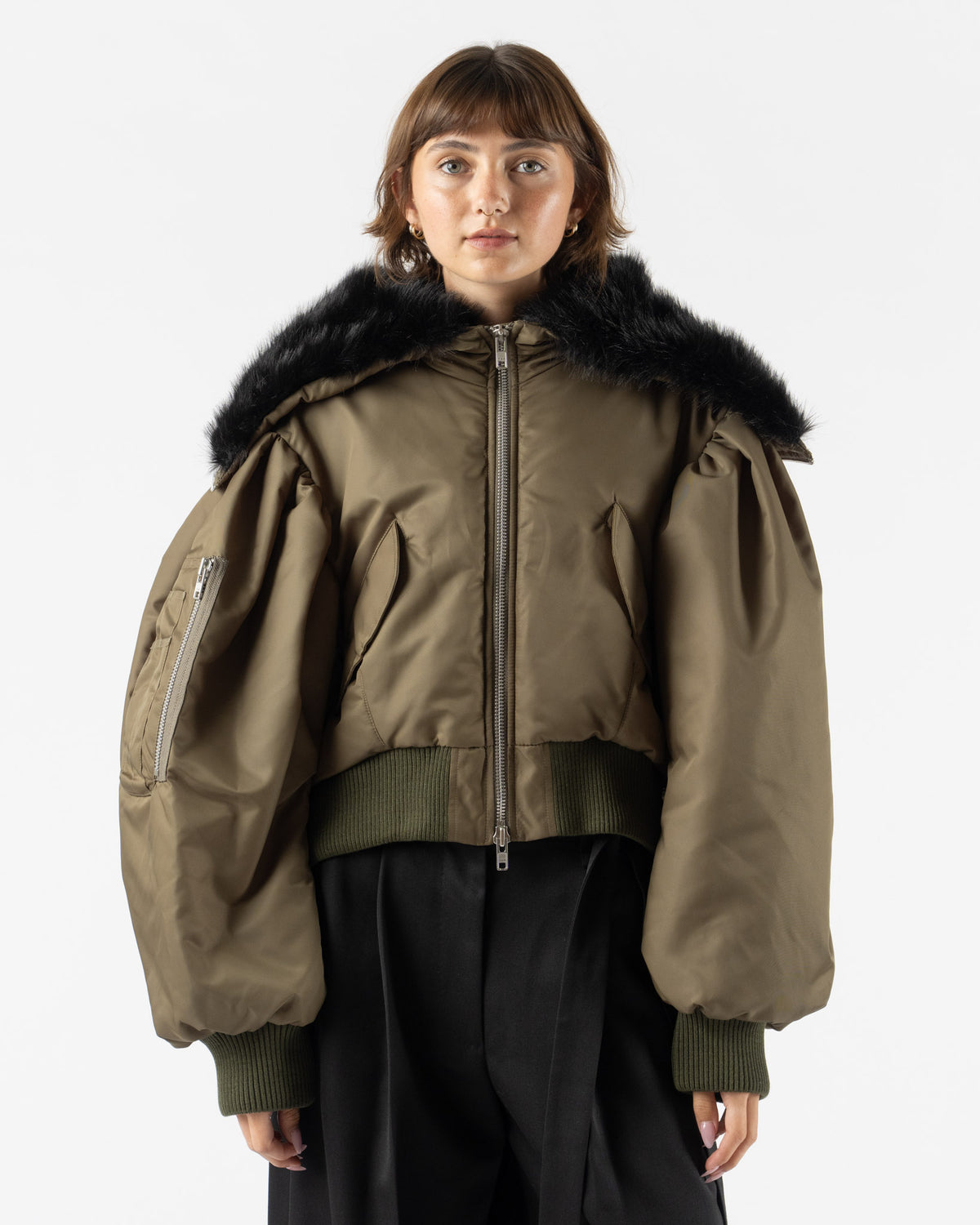 Simone Rocha Cropped Split Faux Fur Hood Bomber Jacket Khaki/Black 