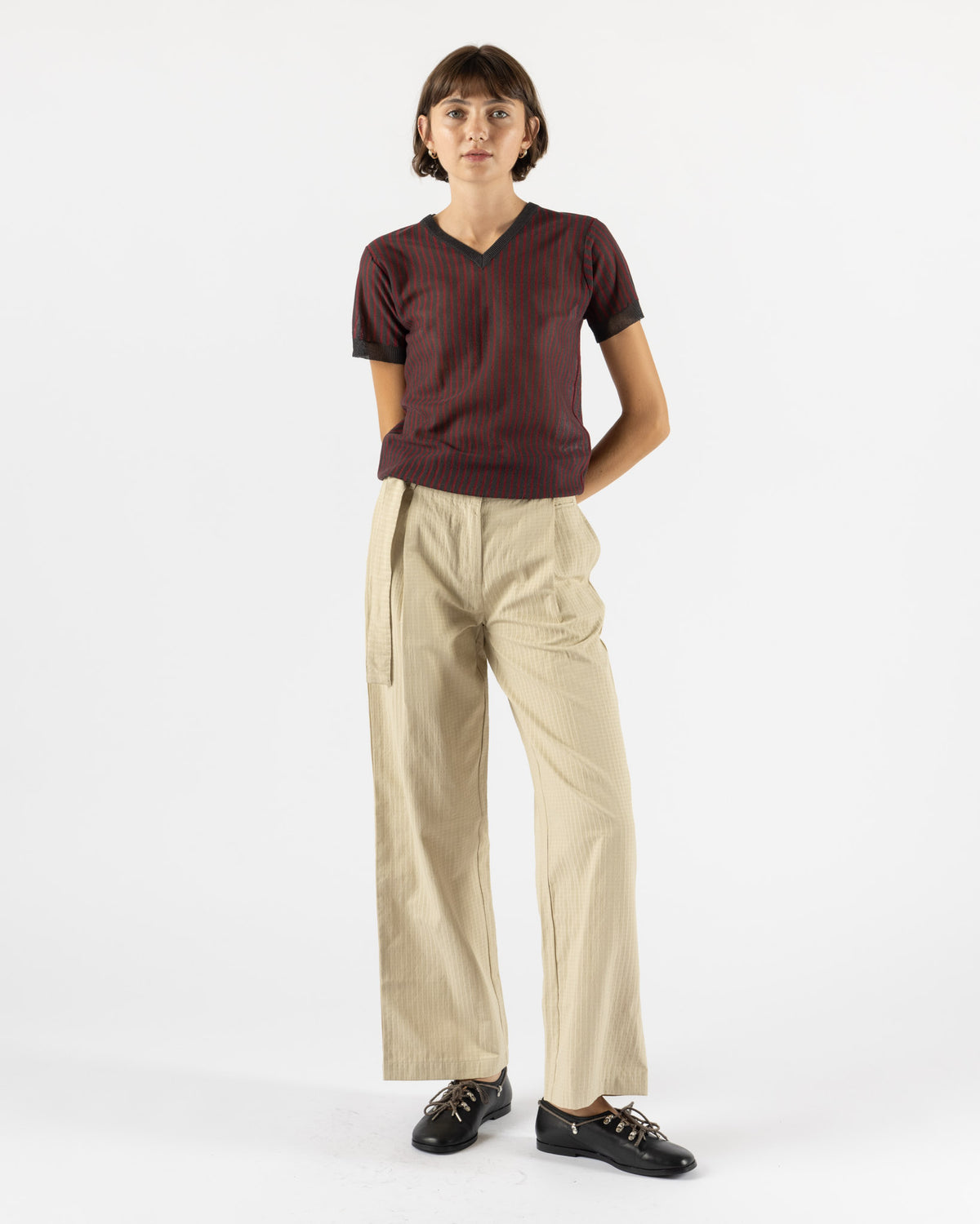 Deiji Studios Cross Neck Tee in Red Stripe