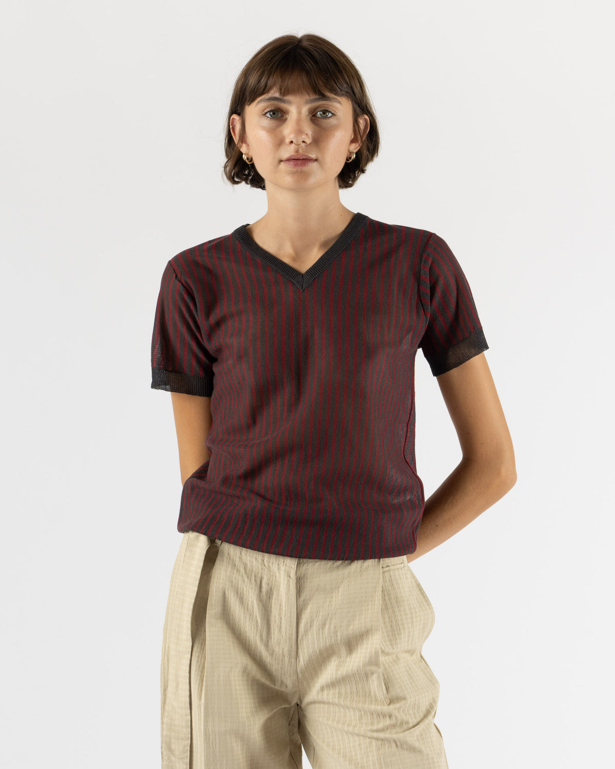 Deiji Studios Cross Neck Tee in Red Stripe