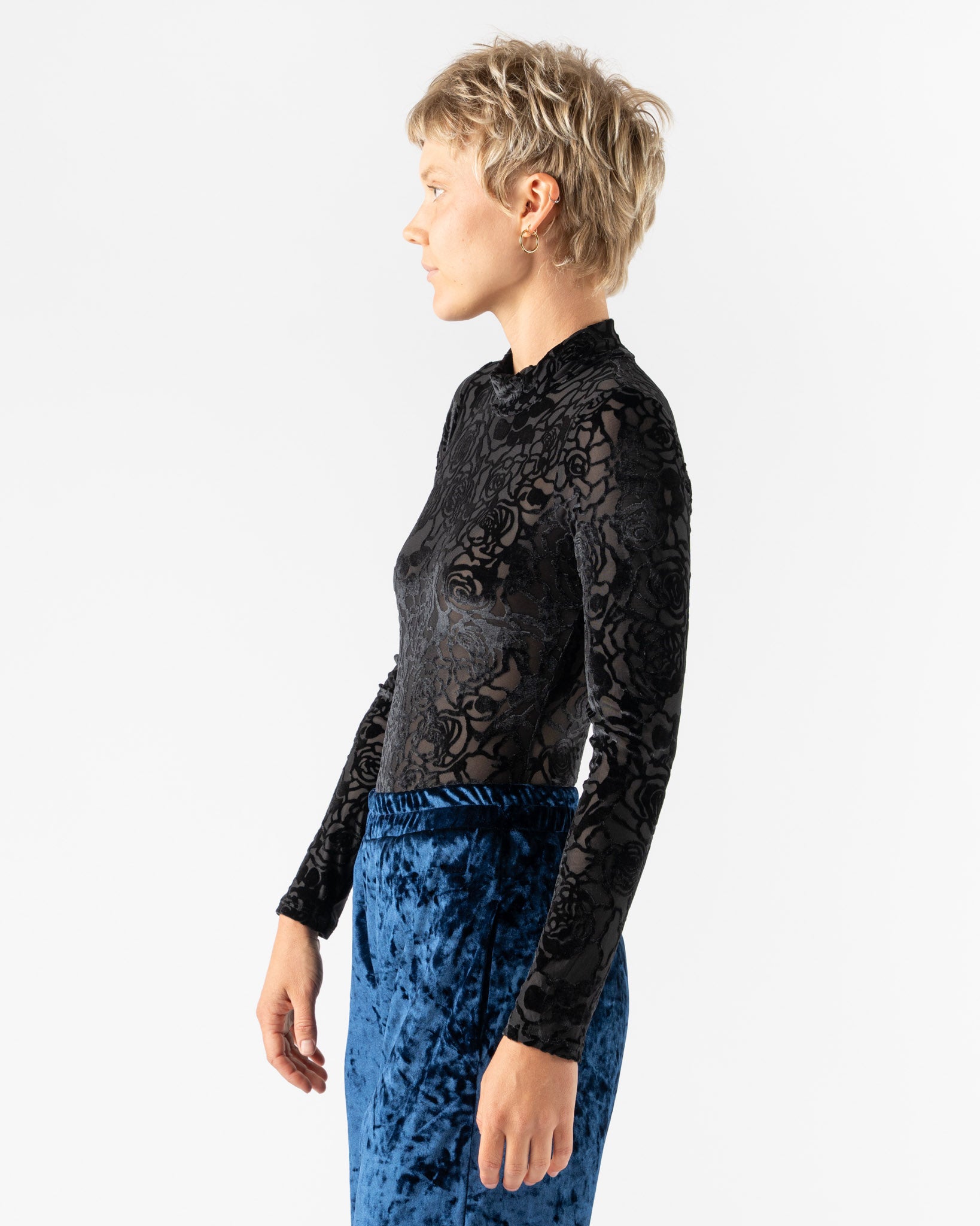Simone Wild Devore Print High Neck LS Bodysuit in Black