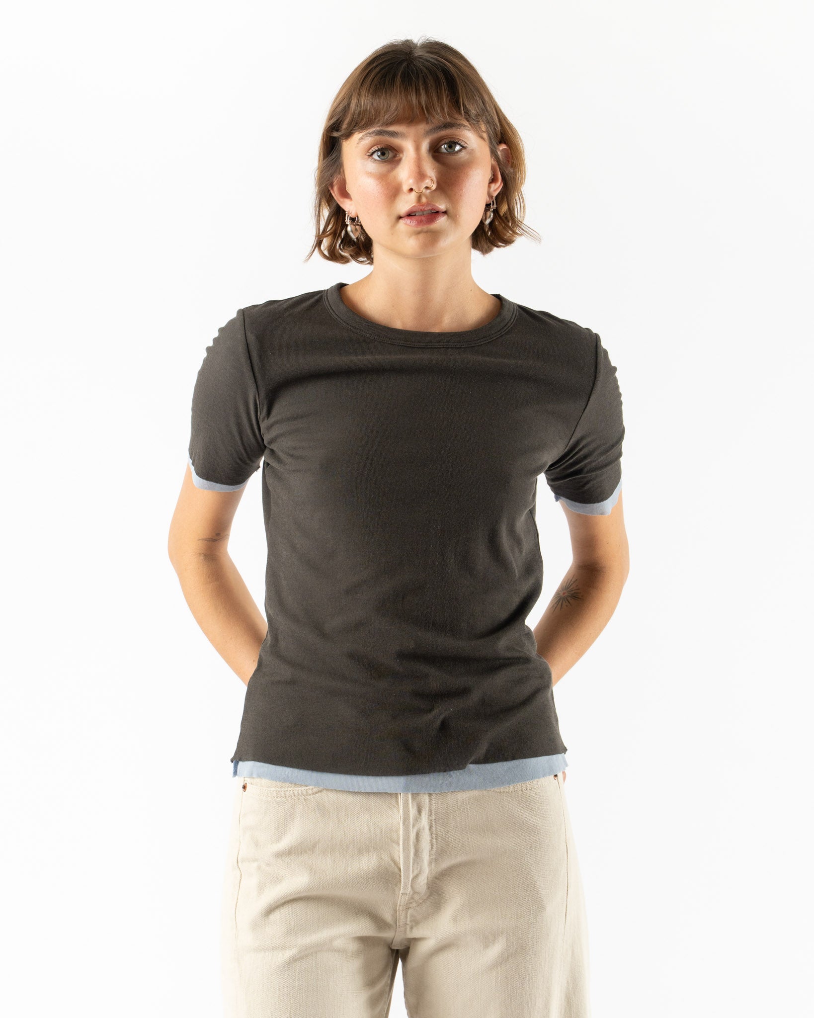 B Sides Double Tee in Dark Grey/Light Blue