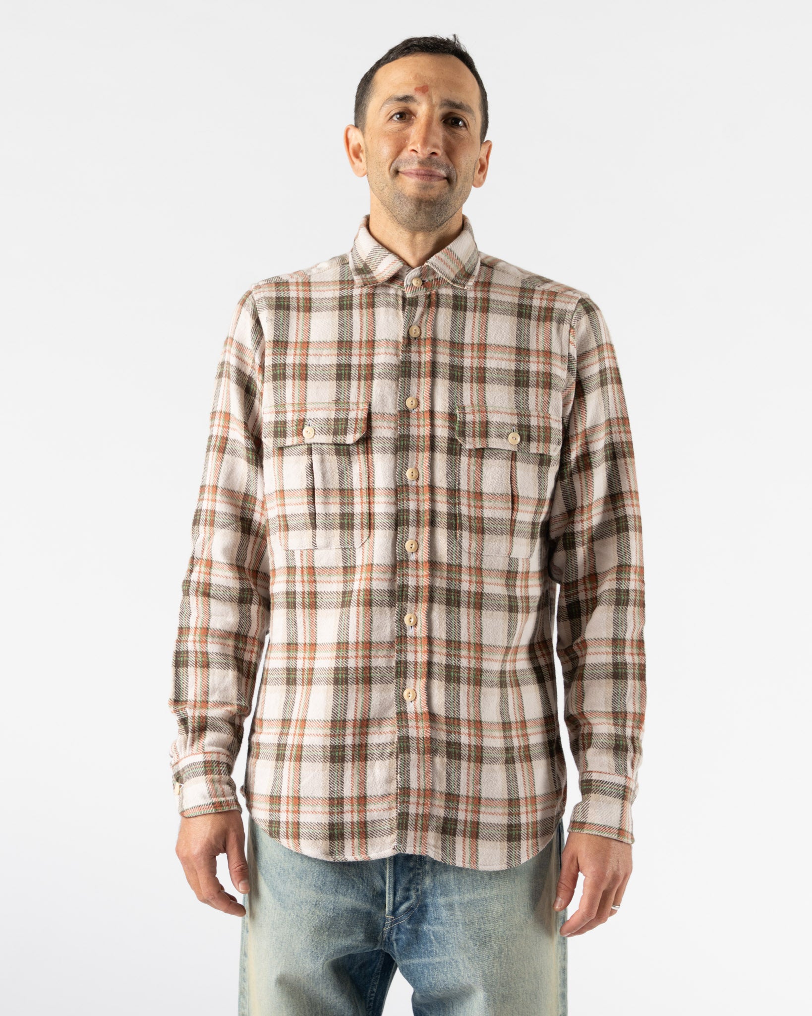 Drake's Heavy Cotton Work Shirt in Ecru, Clay, & Green