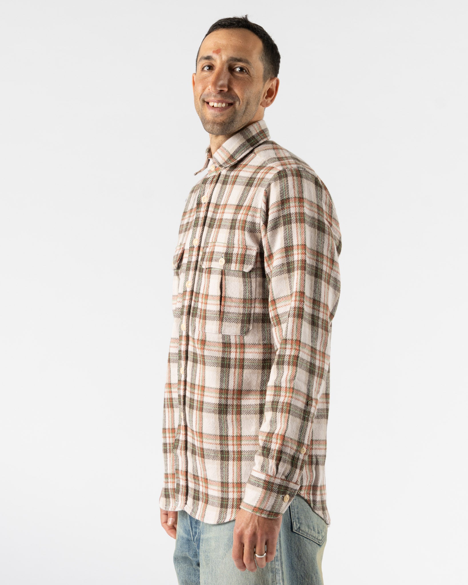 Drake's Heavy Cotton Work Shirt in Ecru, Clay, & Green