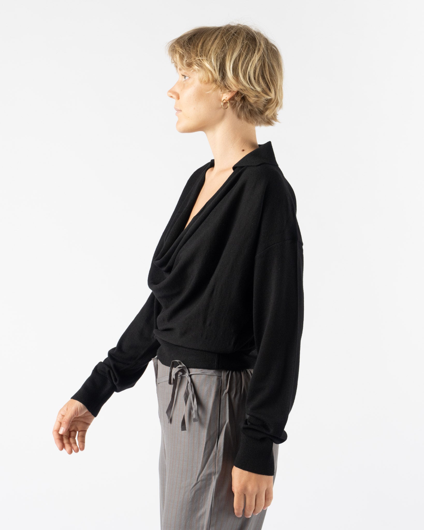 Emily Dawn Long Drape Front Knit Polo in Black