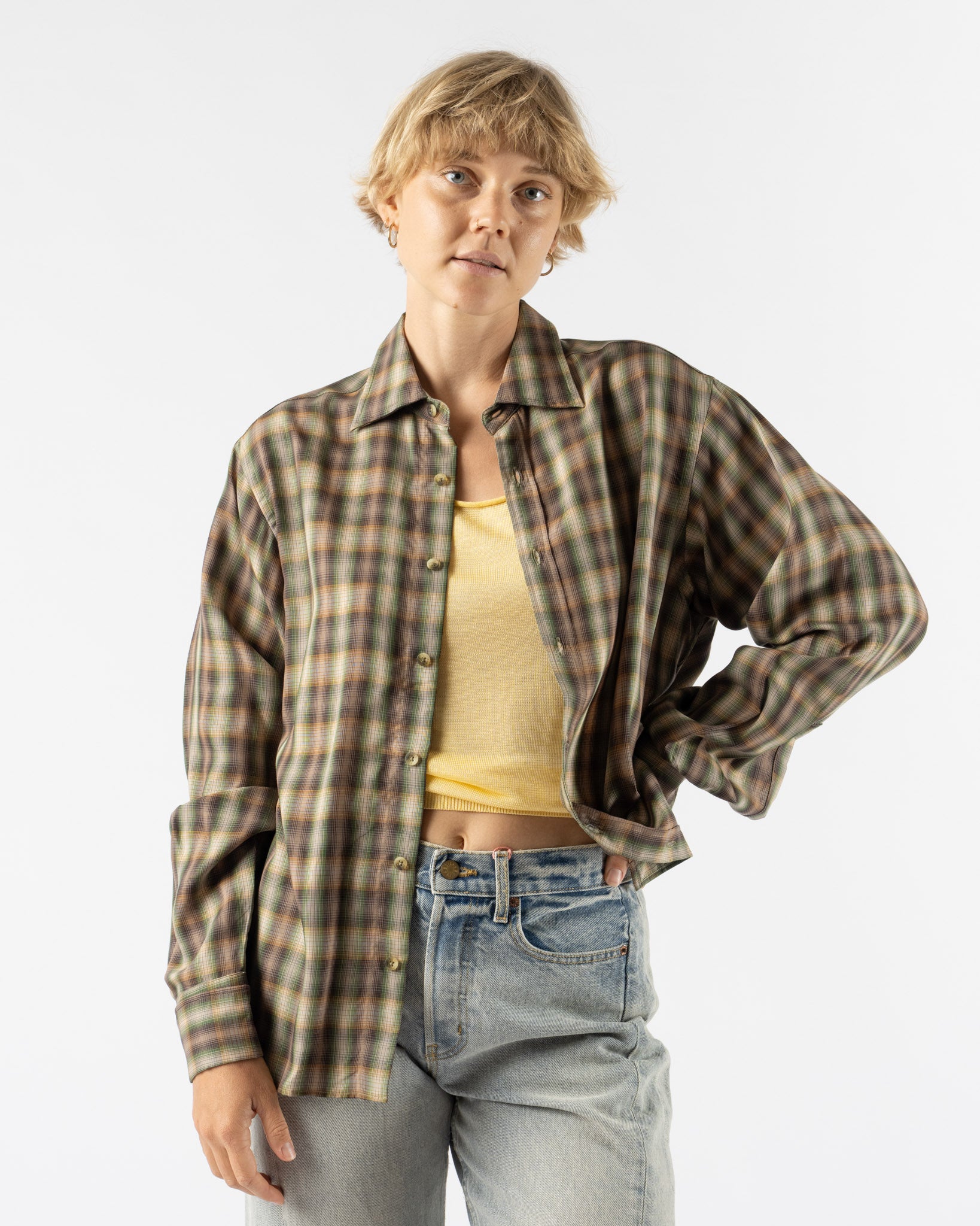 Emily Dawn Long Jeff's Shirt 005 in Green Plaid