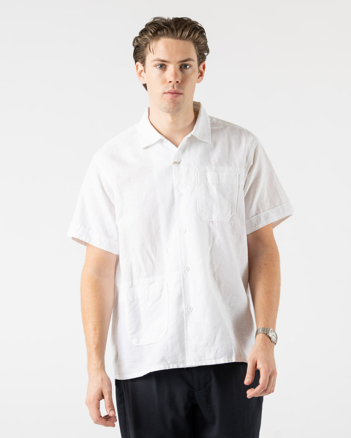 Engineered Garments Camp Shirt in White Handkerchief Linen Curated 