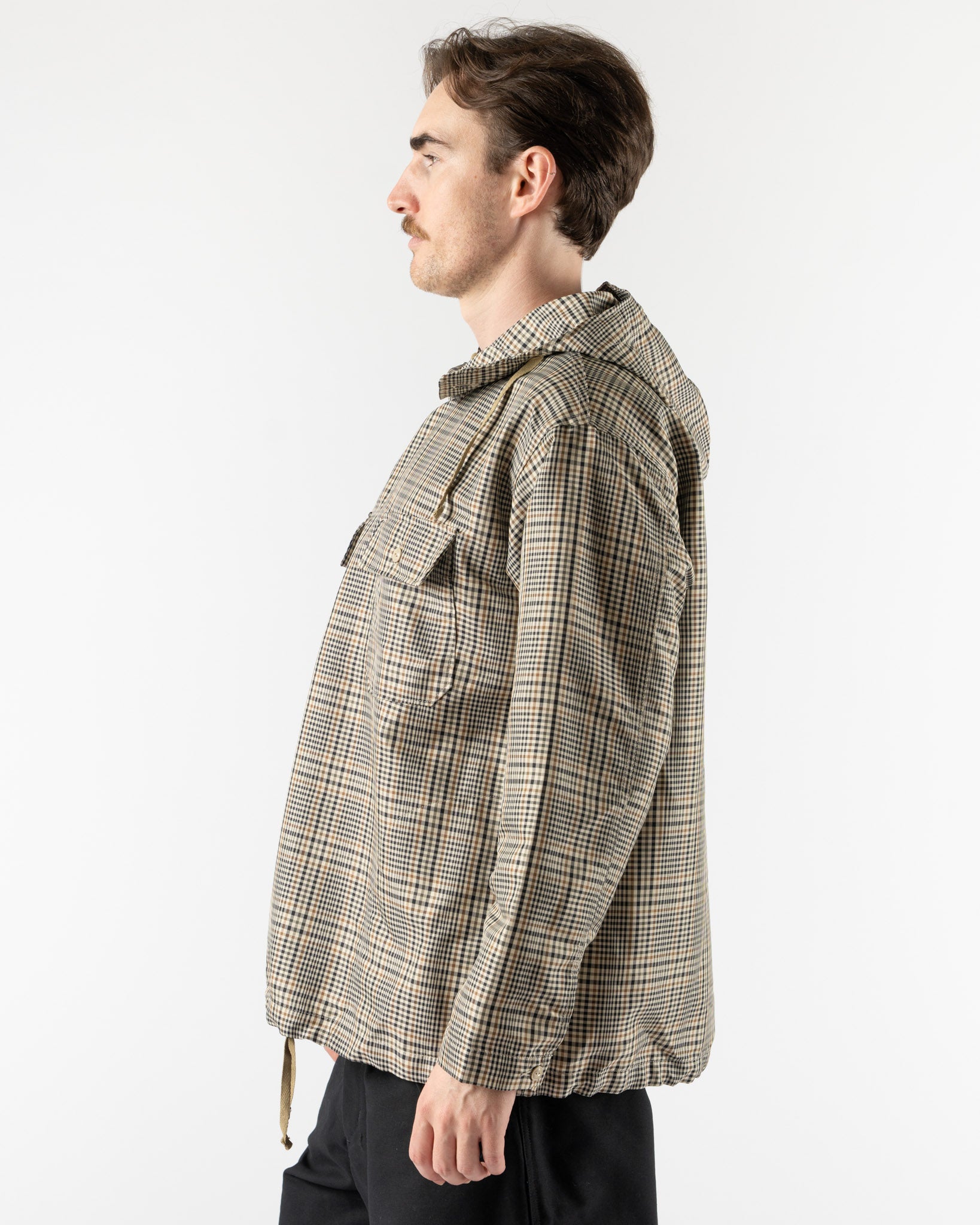 Engineered Garments Cagoule Shirt in Khaki Plaid Polyester Cloth