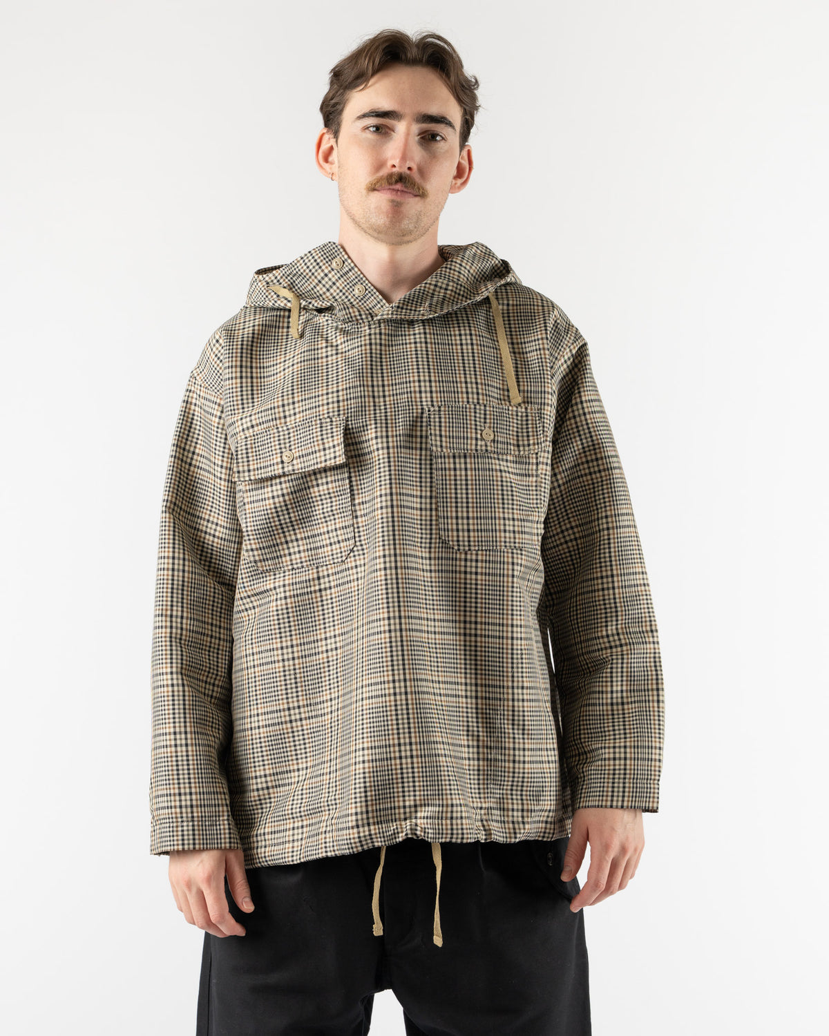 Engineered Garments Cagoule Shirt in Khaki Plaid Polyester Cloth 