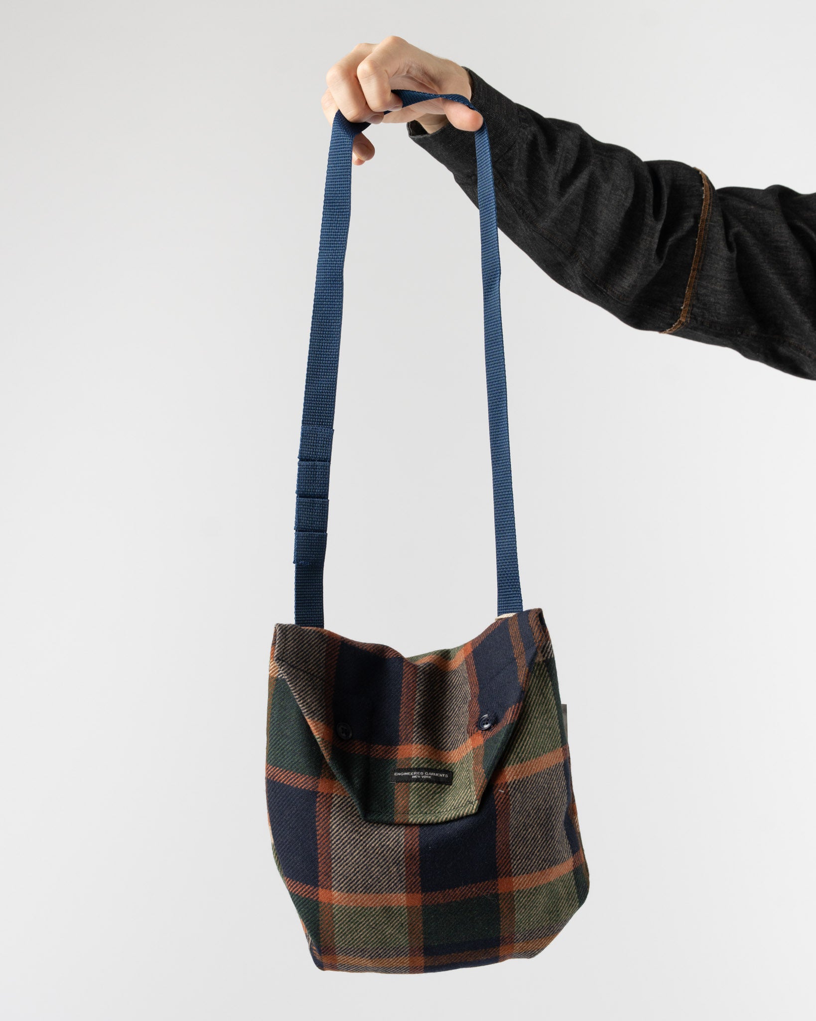 Engineered Garments Shoulder Pouch in Navy/Brown Heavy Wool Plaid