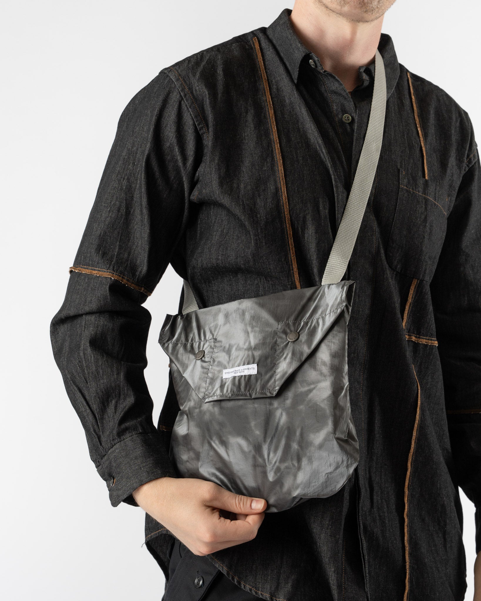 Engineered Garments Shoulder Pouch in Silver Nylon Shadow