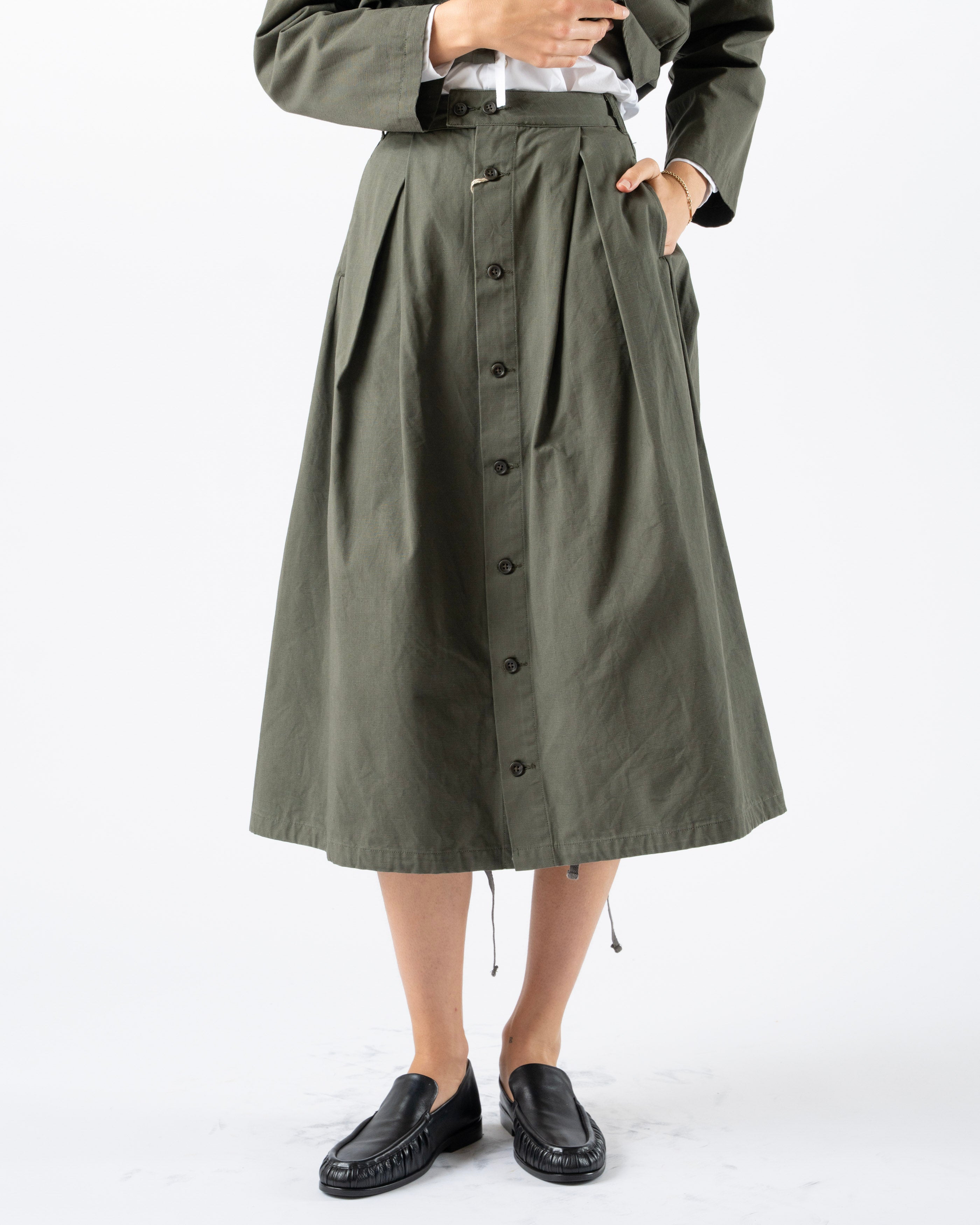 Engineered-Garments-Tuck-Skirt-in-Olive-Heavyweight-Cotton-Curated-at-Jake-and-Jones-Santa-Barbara-Boutique