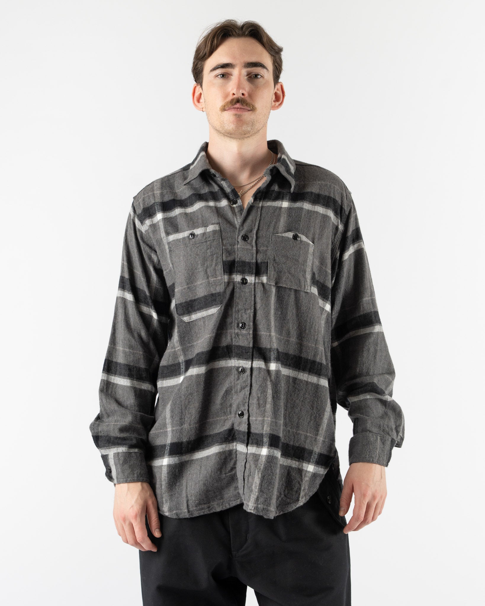 Engineered Garments Work Shirt in Grey/Black Cotton Brushed Big Plaid
