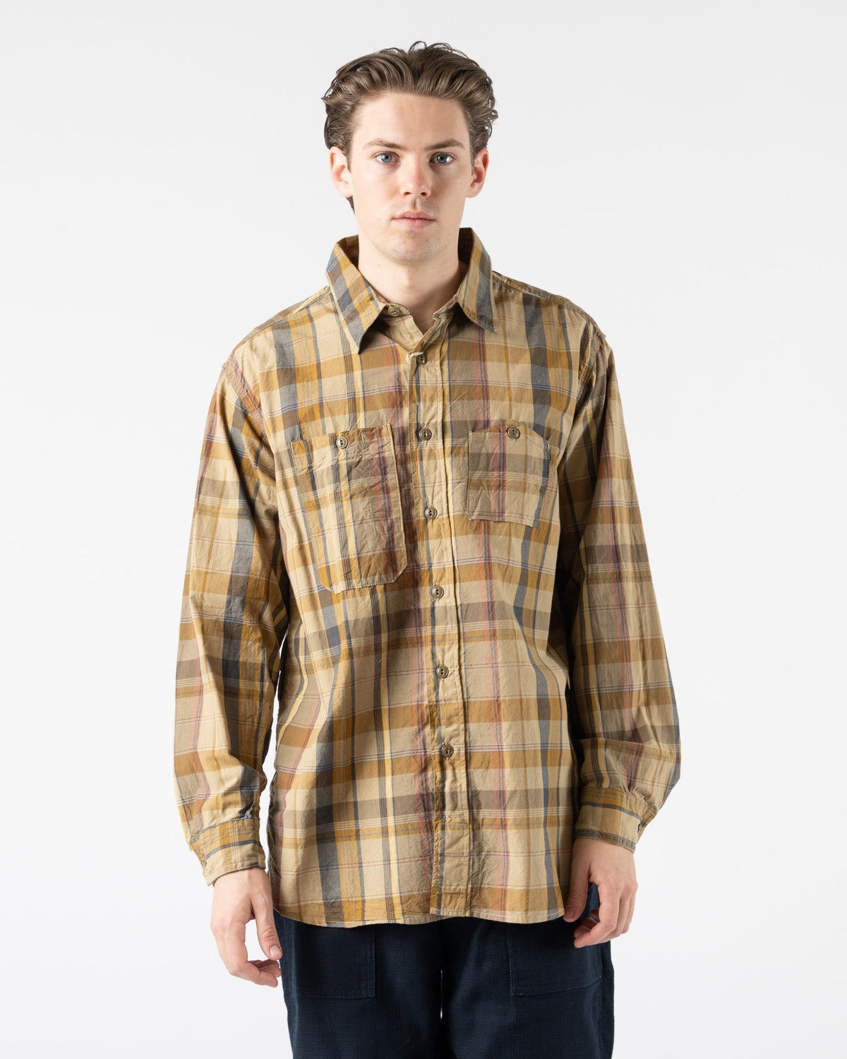 Engineered Garments Work Shirt in Olive Cotton Madras Plaid 