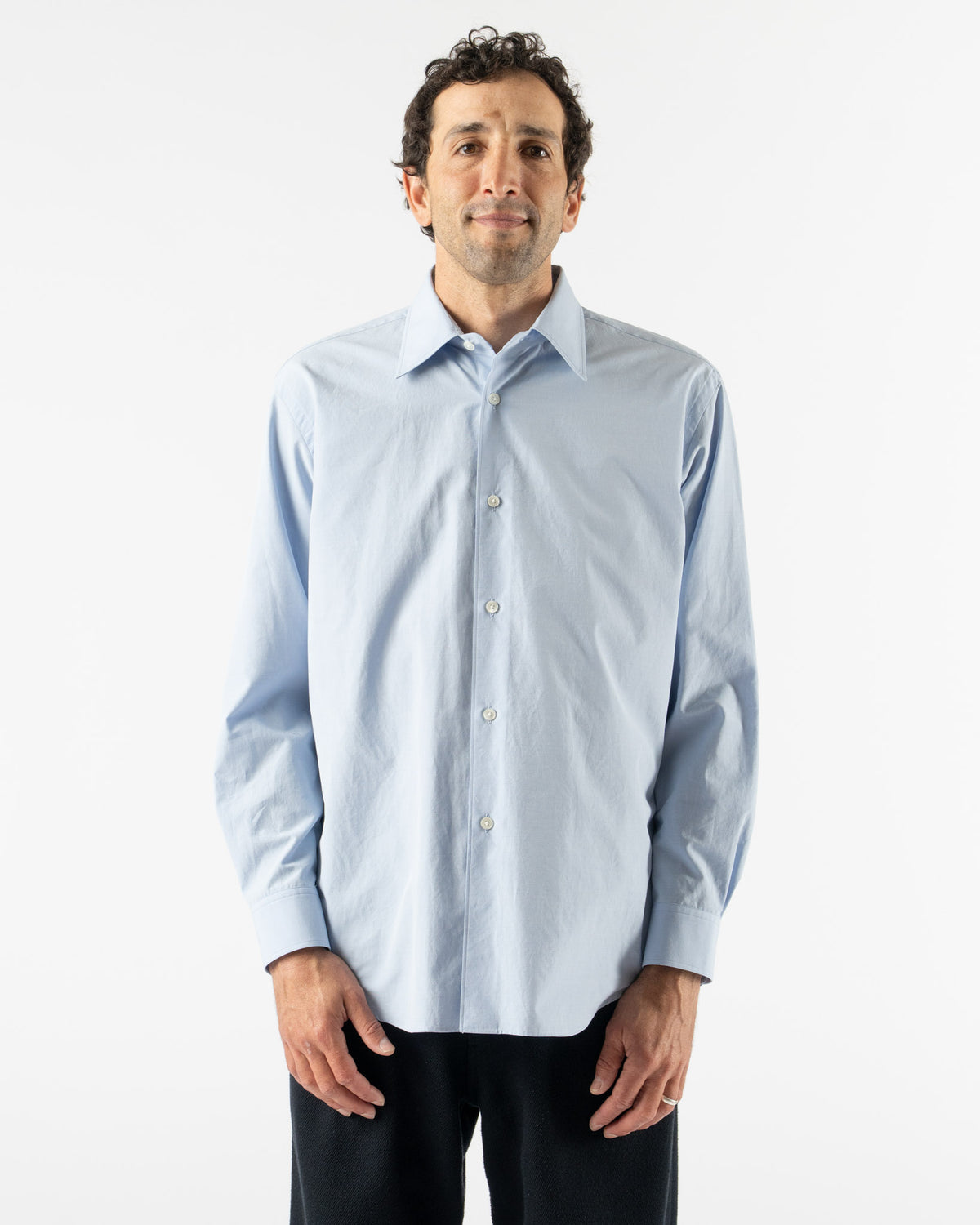 Auralee Washed Finx Weather Chambray Shirt in Light Blue Curated 