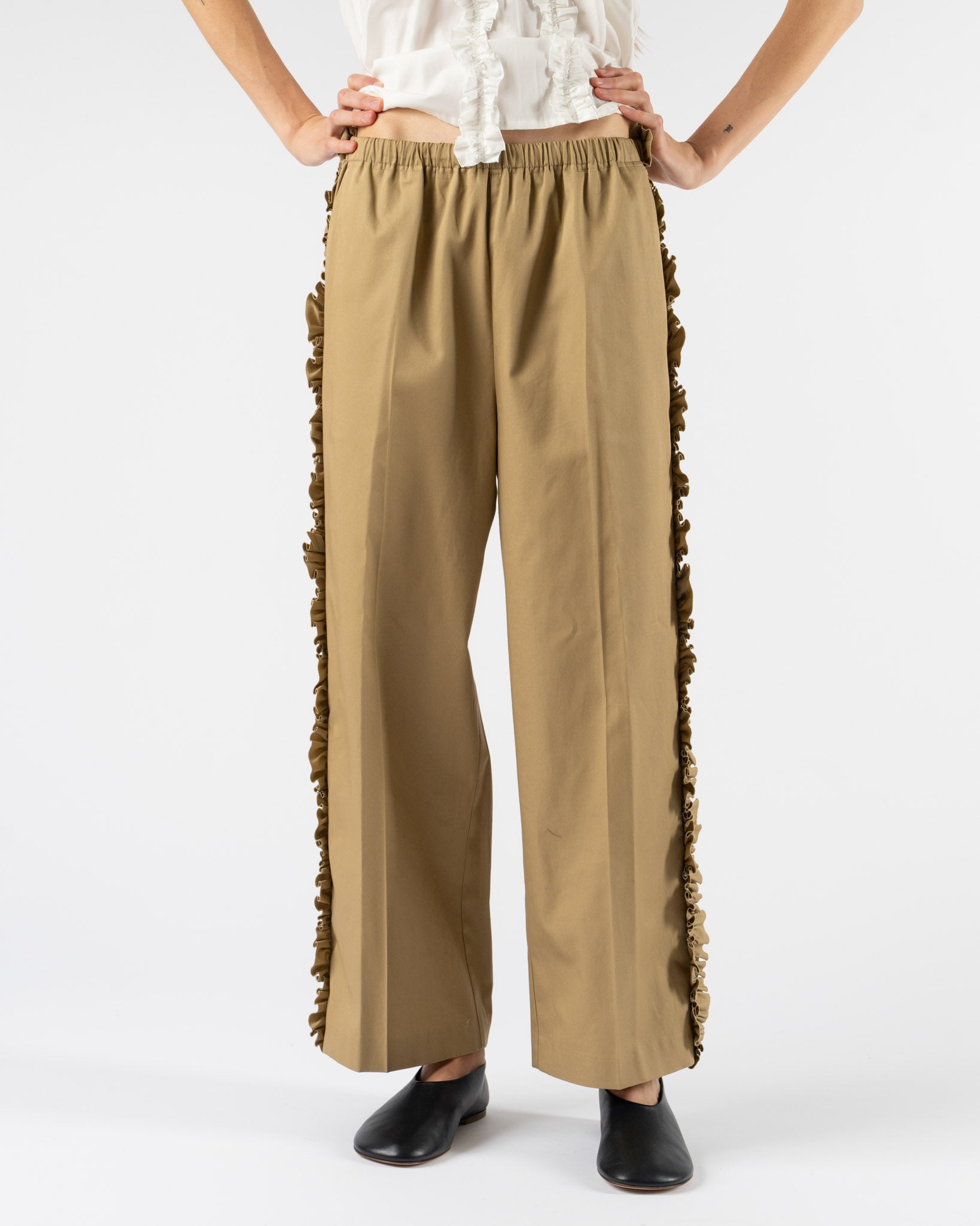 Rhodolirion Frill Side Flare Pant in Twill Beige Curated at Jake