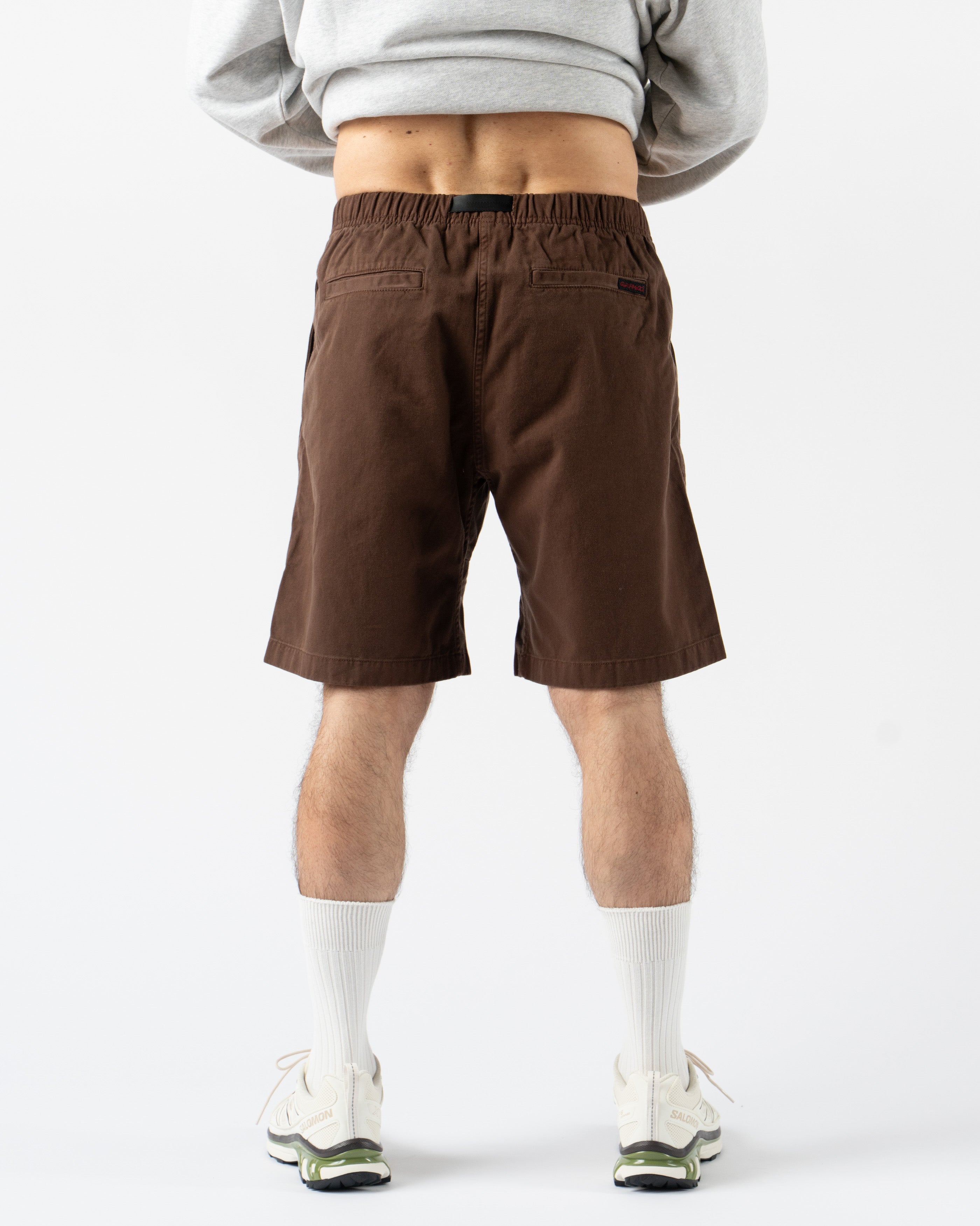 Gramicci G-Short in Tobacco laid flat with elastic waistband and integrated belt visible