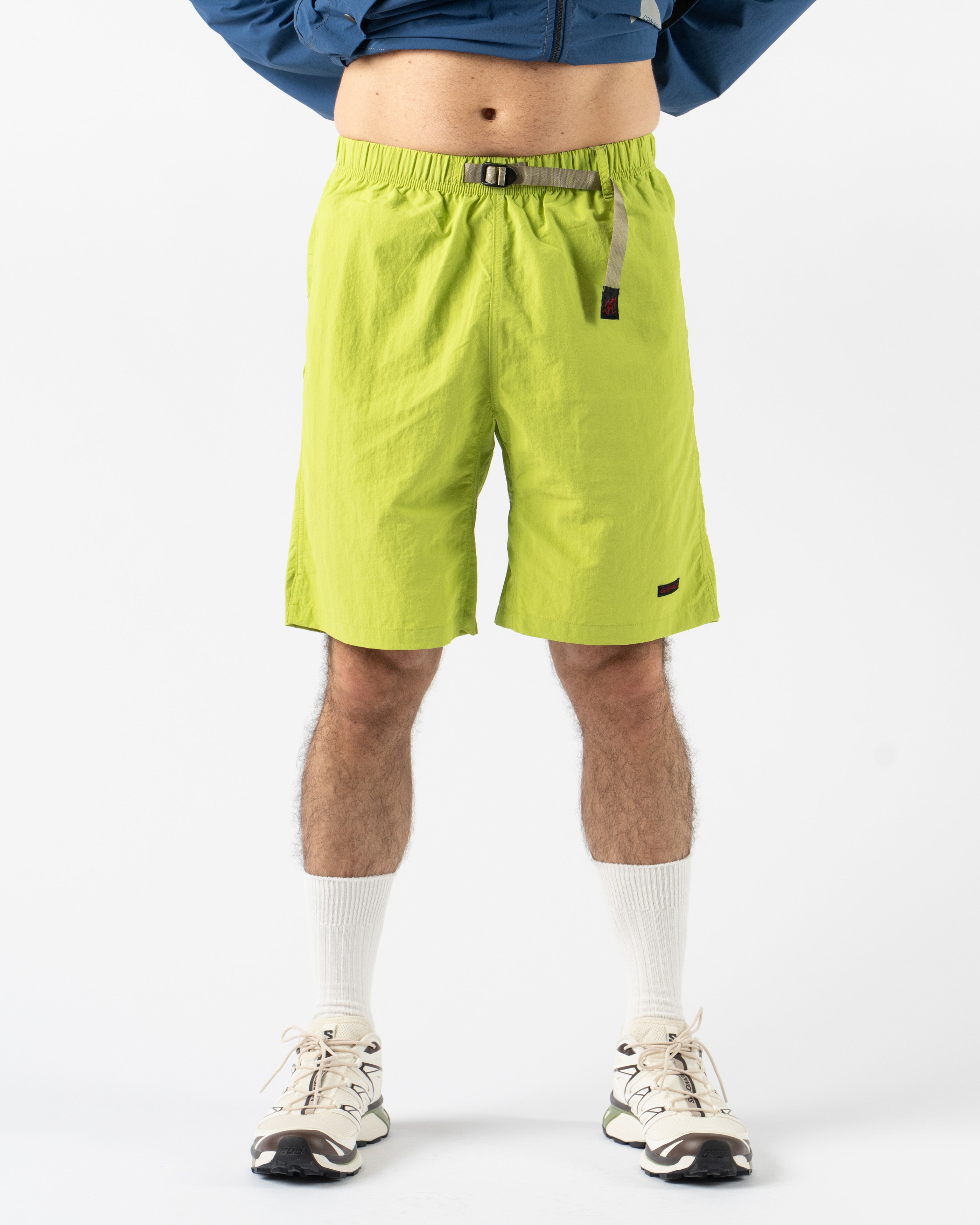 Gramicci Nylon G-Short in Kiwi laid flat showing elastic waistband and integrated belt