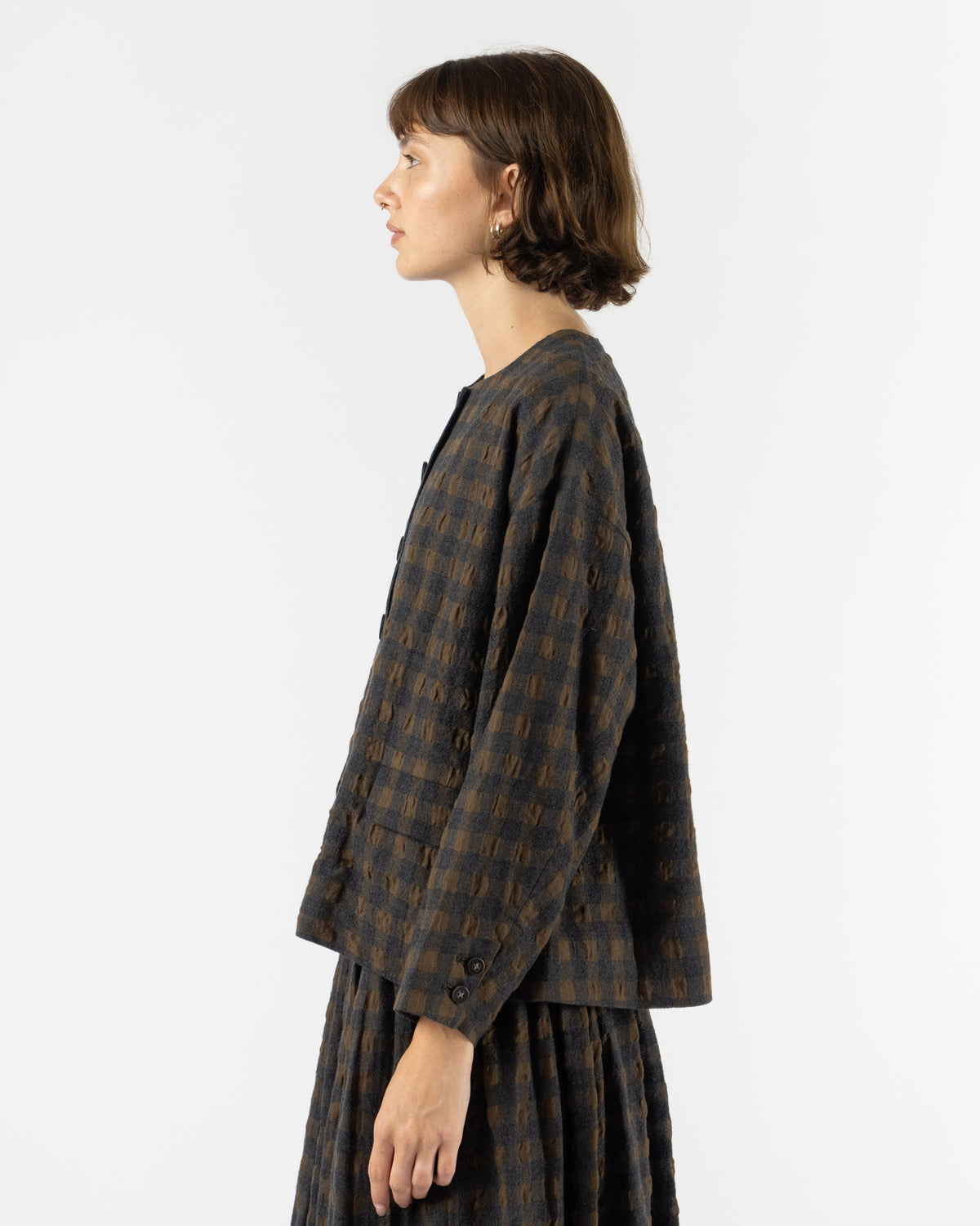 Ichi Antiquités Gingham Check Jacket in Khaki x Charcoal